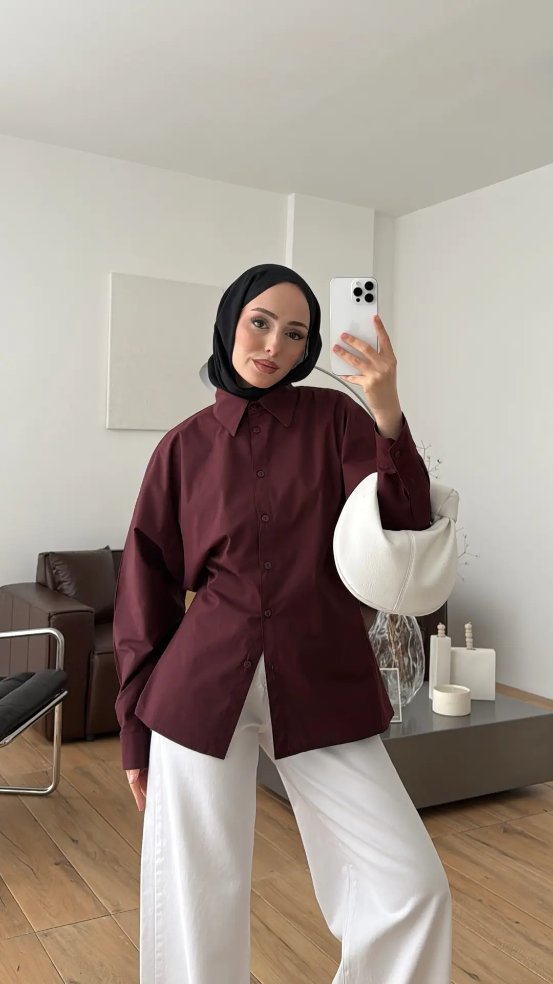 Likralı Reglan Kol Gömlek Bordo