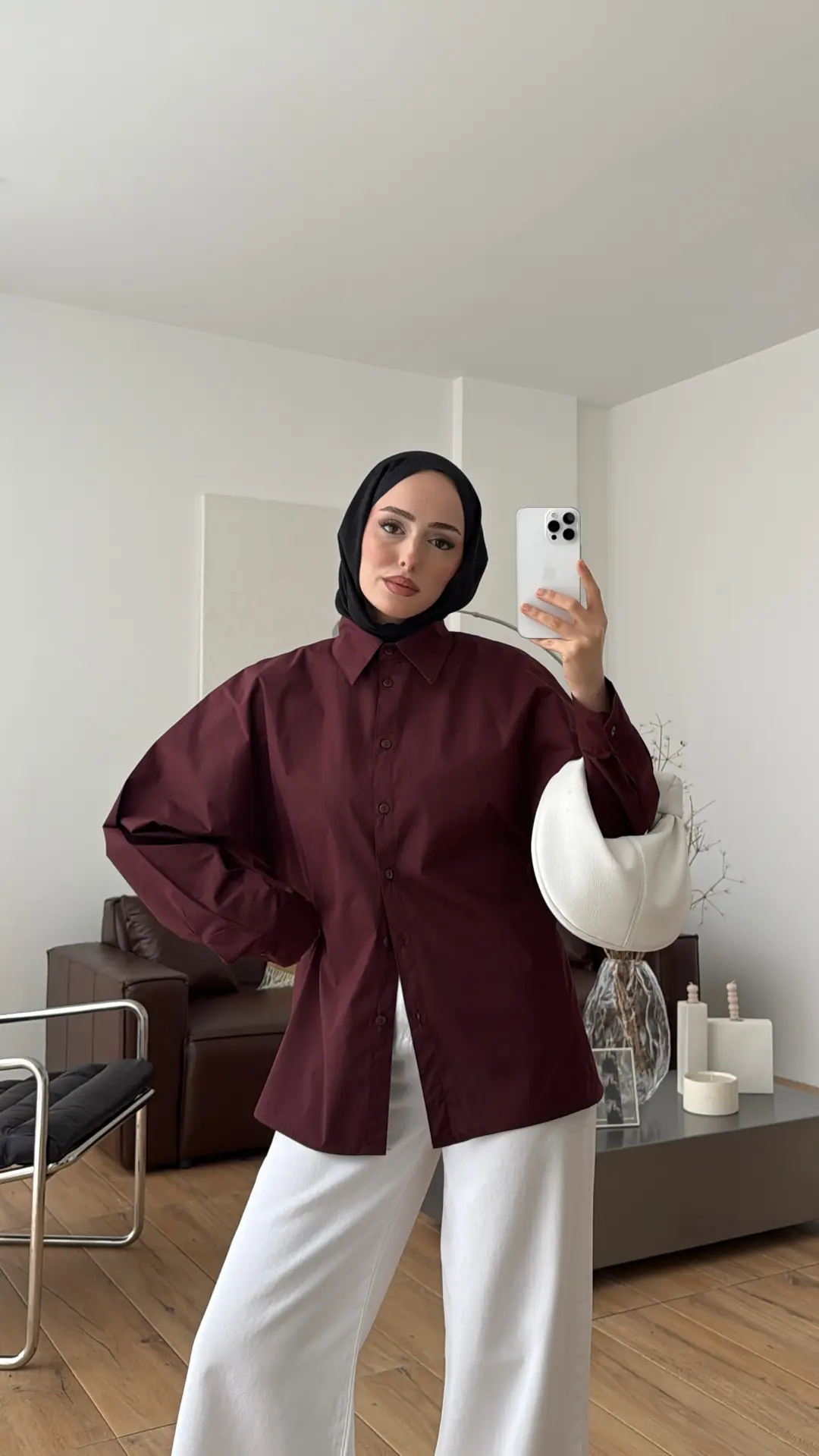 Likralı Reglan Kol Gömlek Bordo - Görsel 7