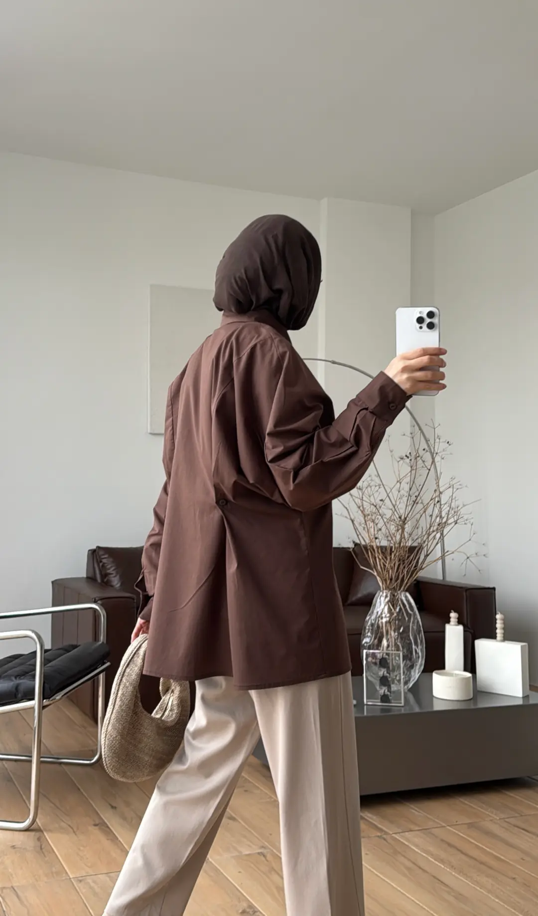 Likralı Reglan Kol Gömlek Kahve