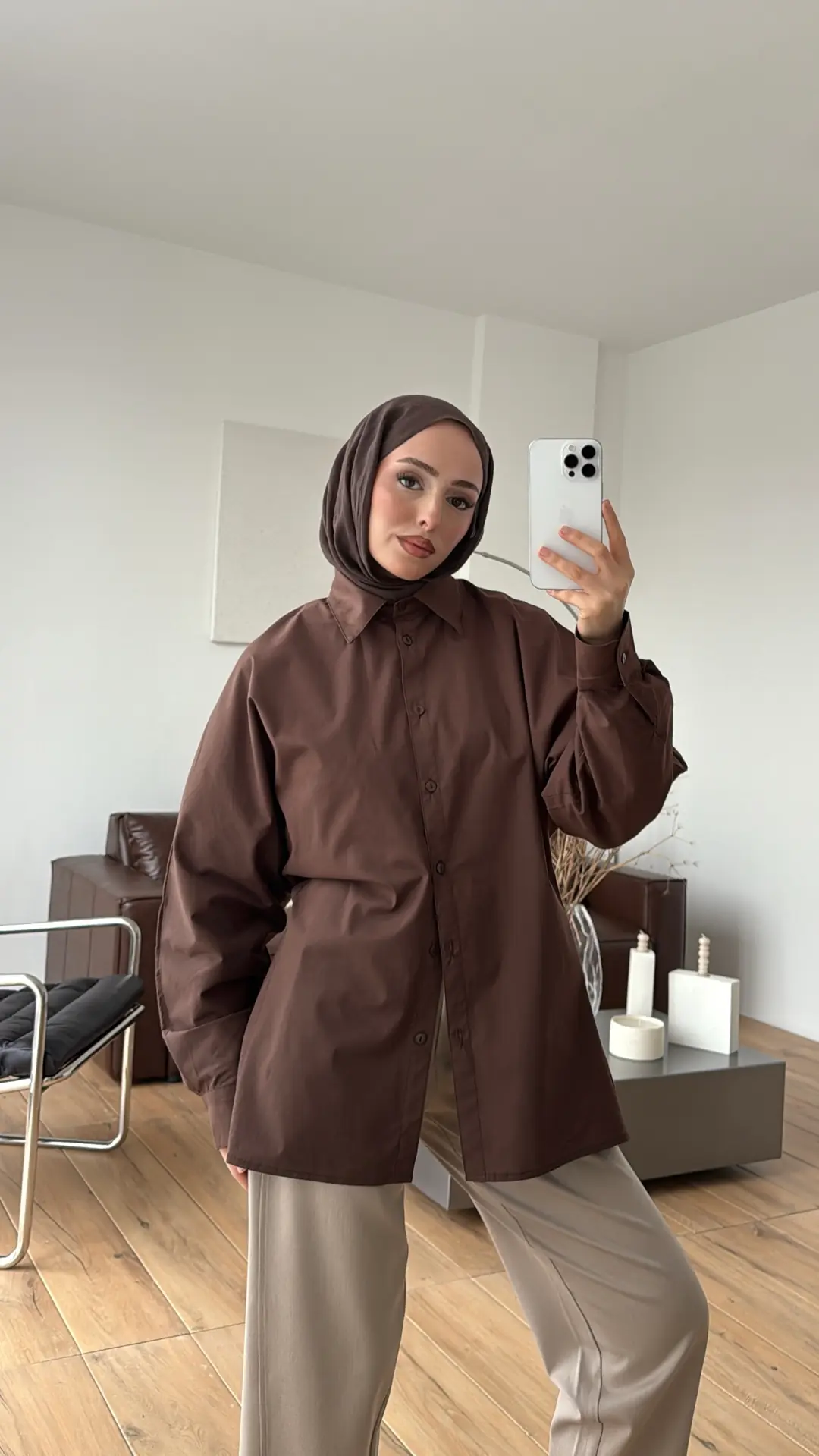 Likralı Reglan Kol Gömlek Kahve - Görsel 2