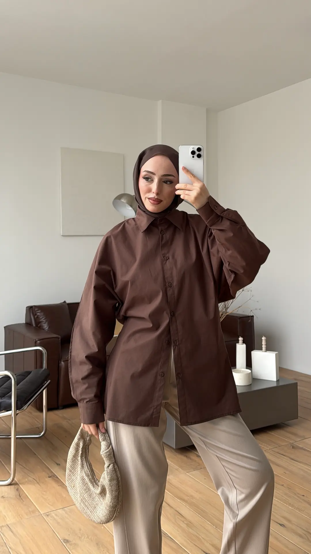 Likralı Reglan Kol Gömlek Kahve - Görsel 3