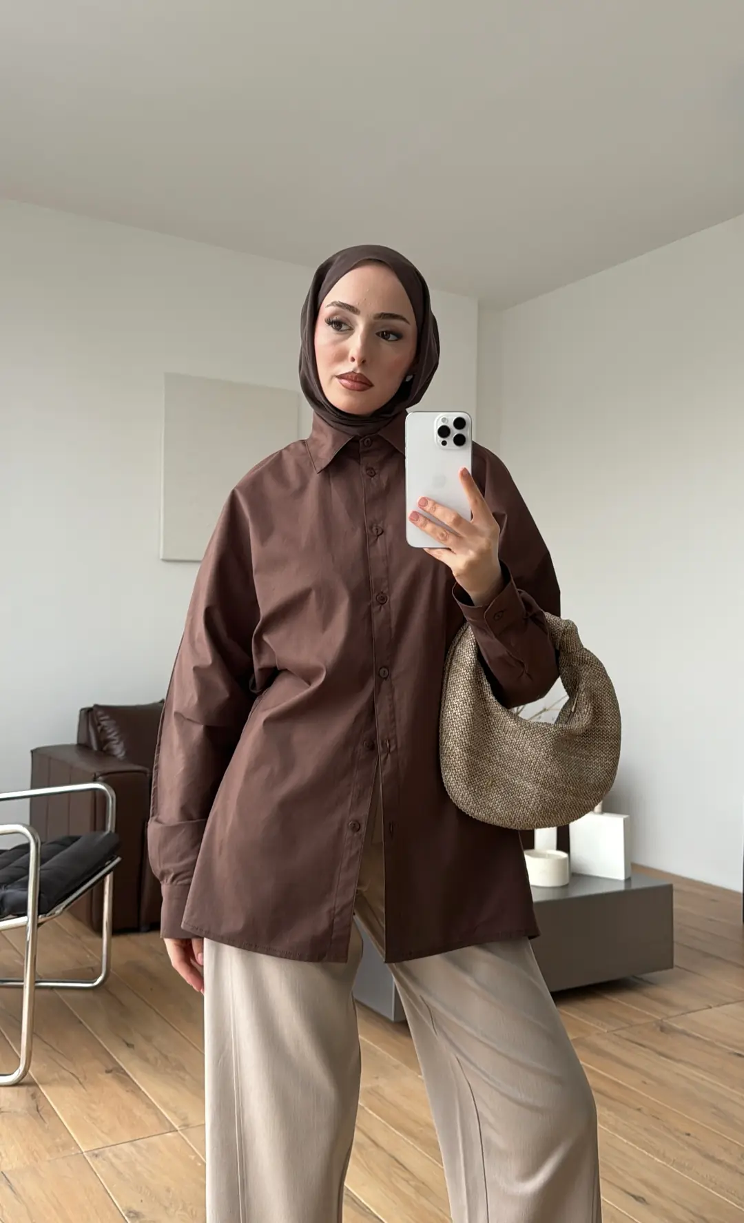 Likralı Reglan Kol Gömlek Kahve - Görsel 4