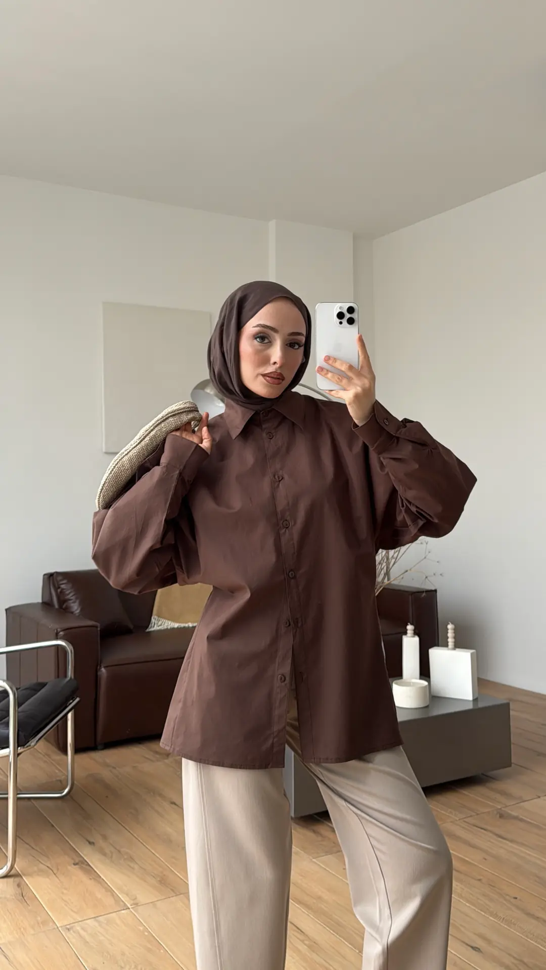 Likralı Reglan Kol Gömlek Kahve - Görsel 5