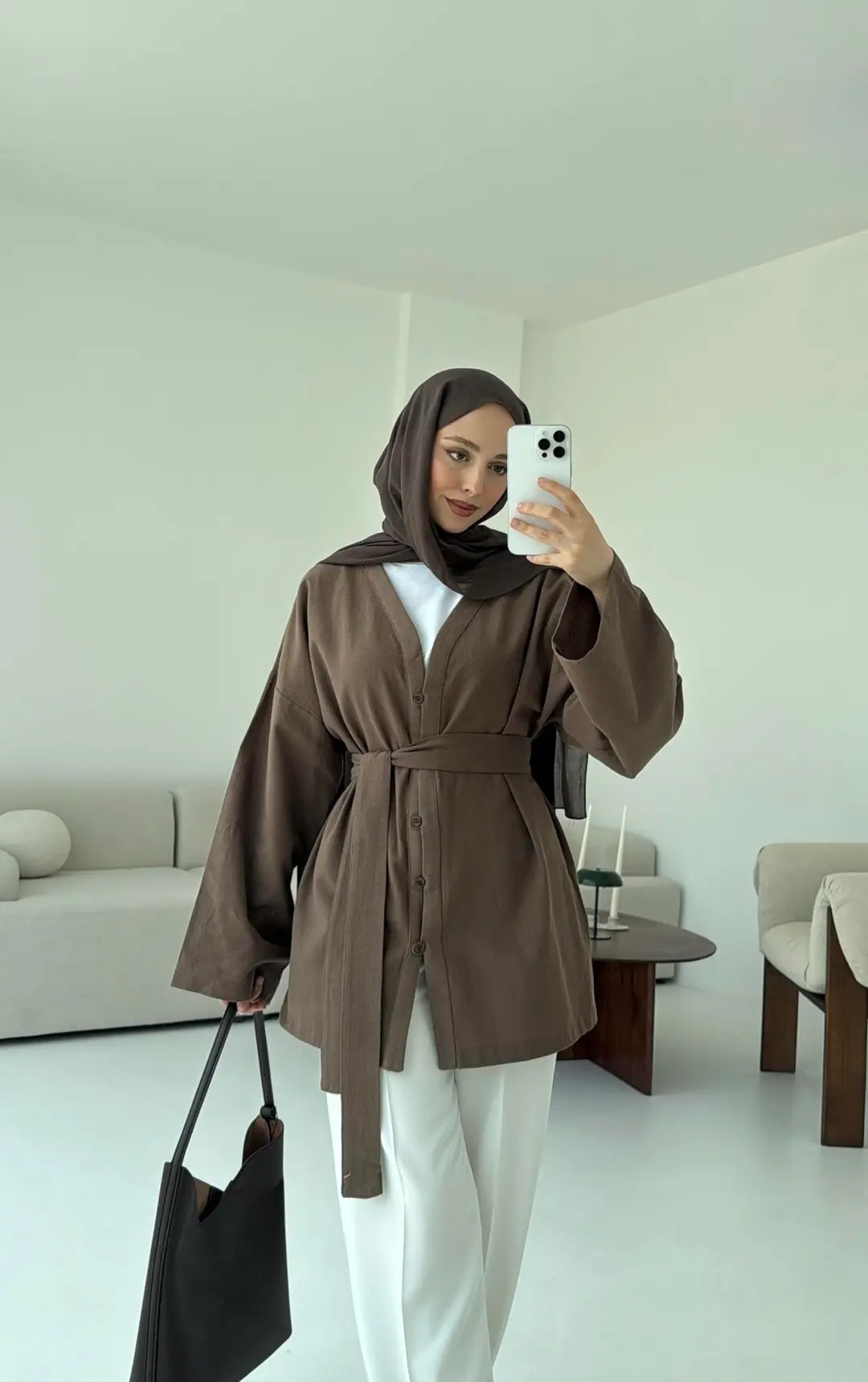 Linen Düğmeli Kimono Kahve - Görsel 3