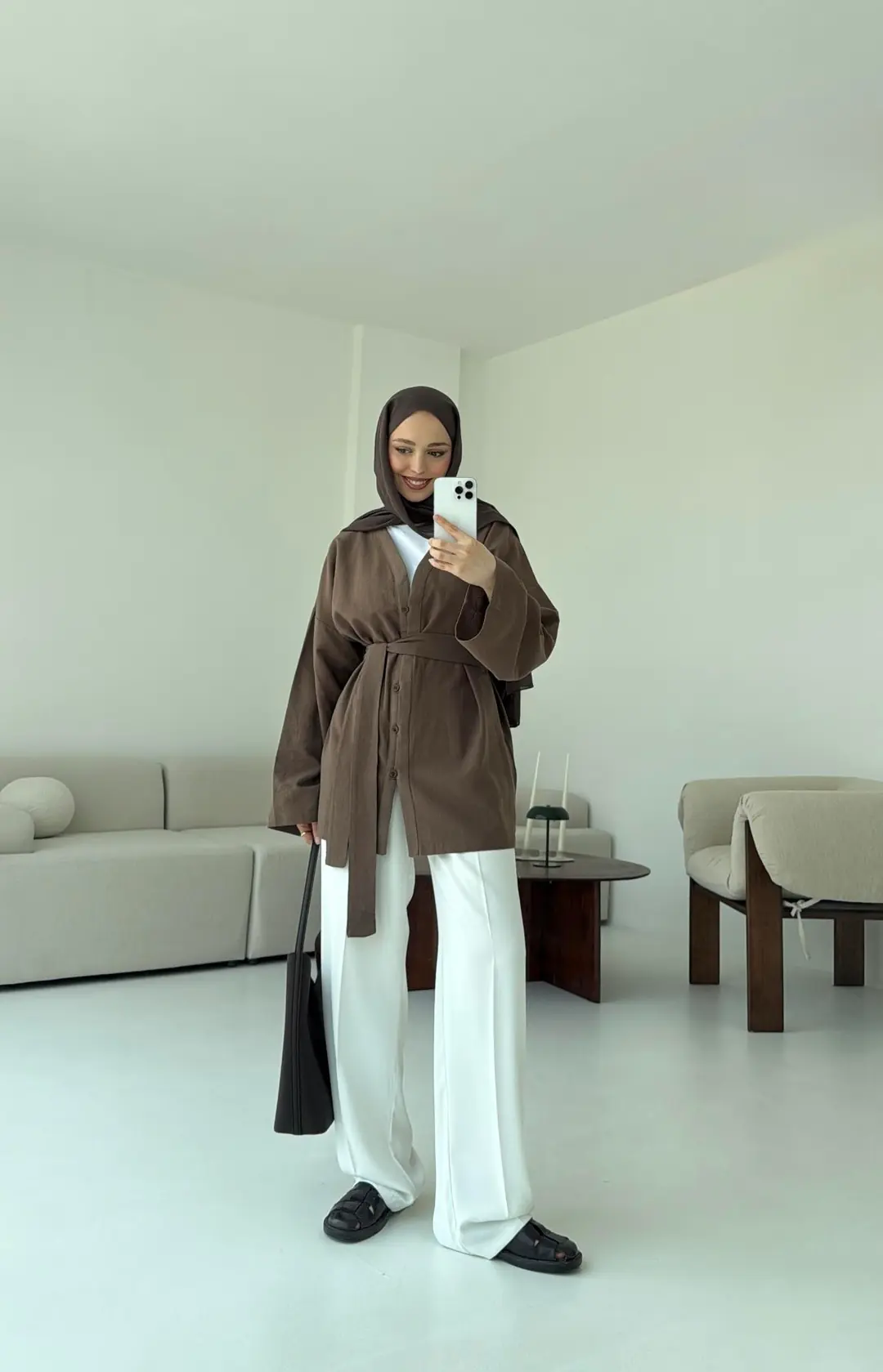 Linen Düğmeli Kimono Kahve - Görsel 6