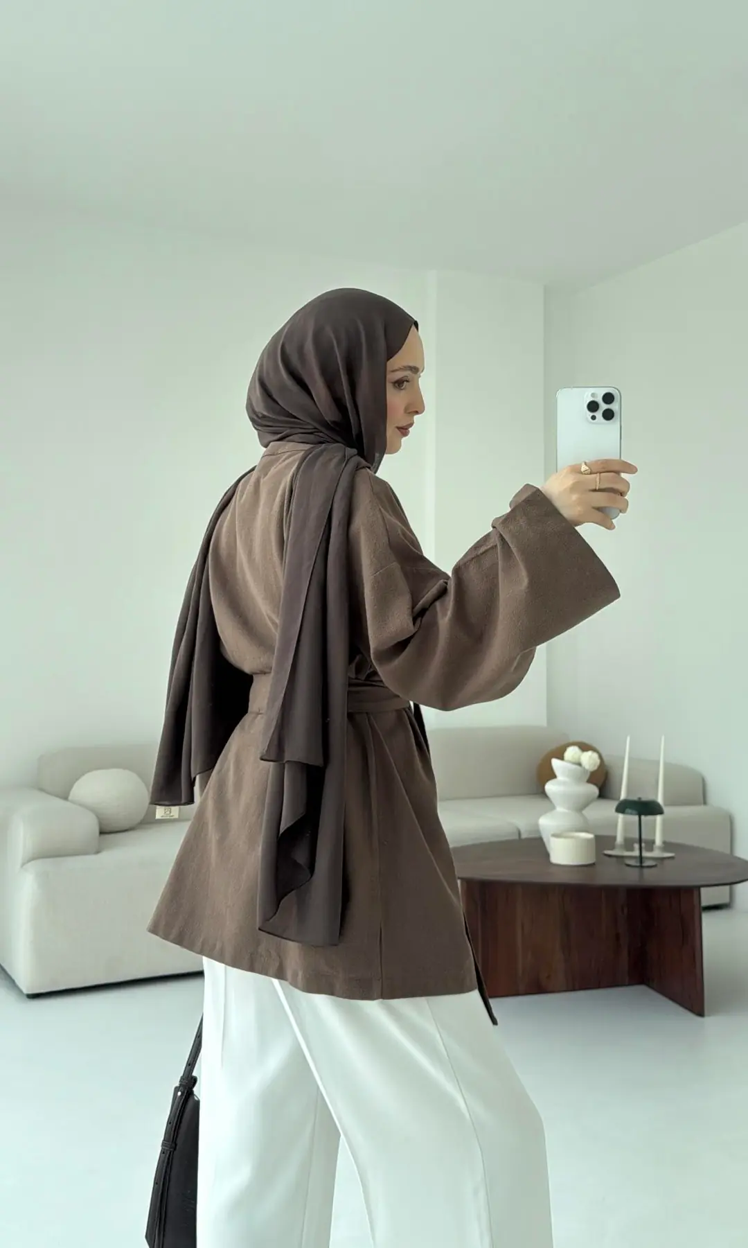 Linen Düğmeli Kimono Kahve - Görsel 7