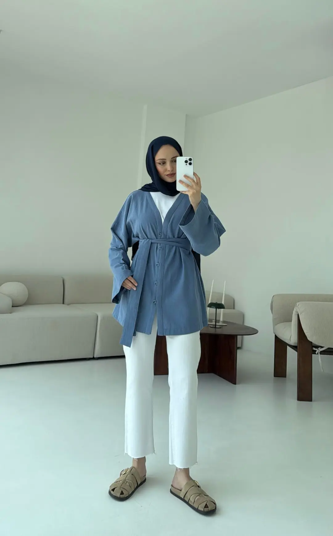 Linen Düğmeli Kimono Mavi - Görsel 3