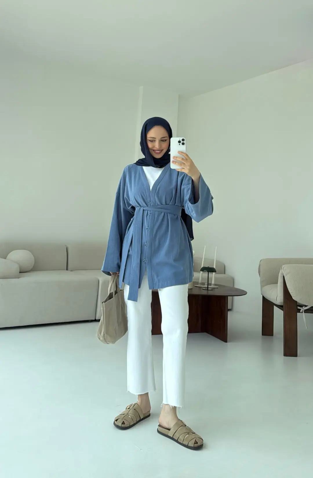 Linen Düğmeli Kimono Mavi - Görsel 7