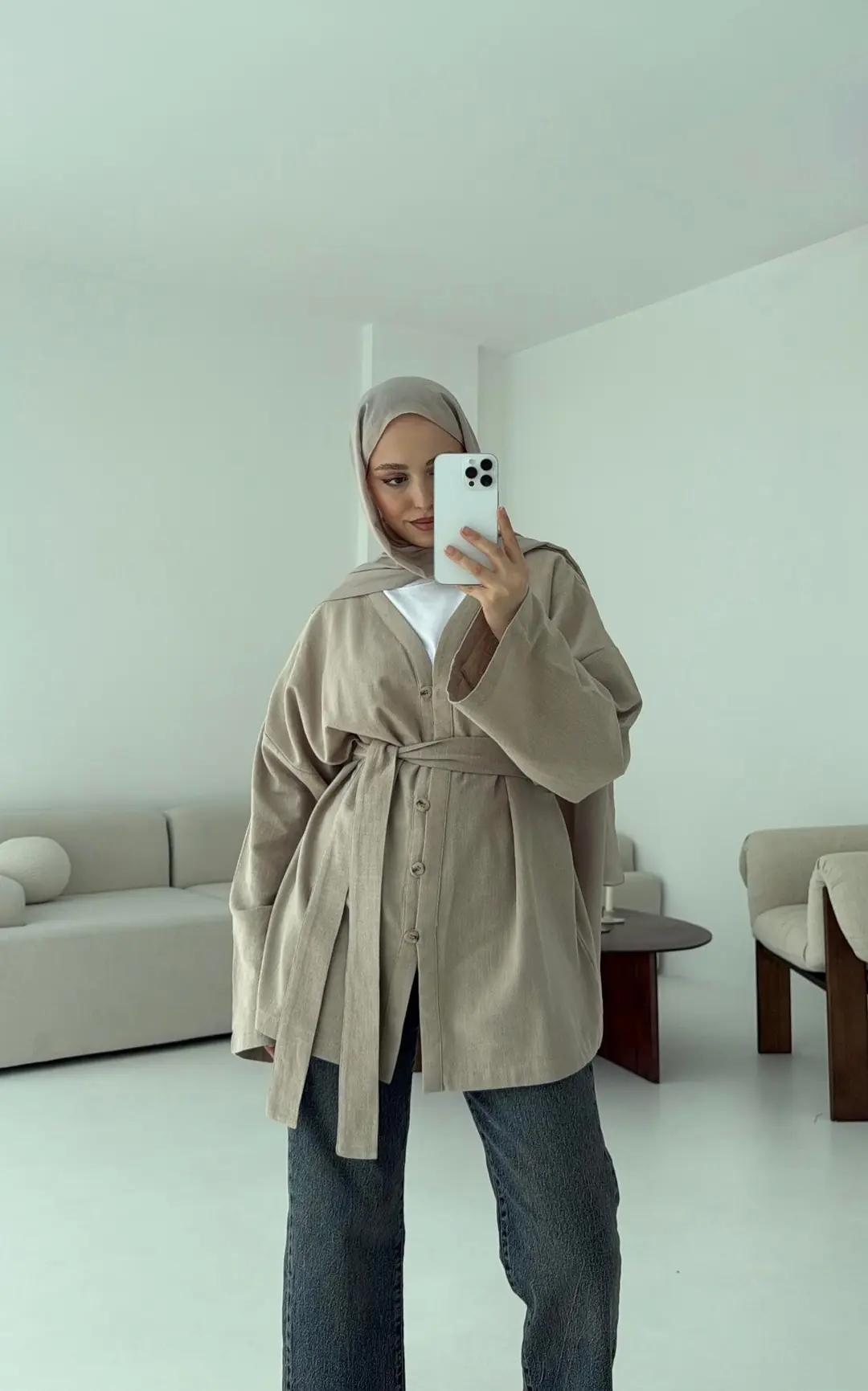 Linen Düğmeli Kimono Vizon - Görsel 2