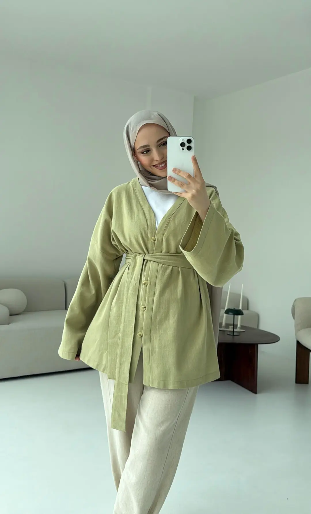 Linen Düğmeli Kimono Yeşil - Görsel 4