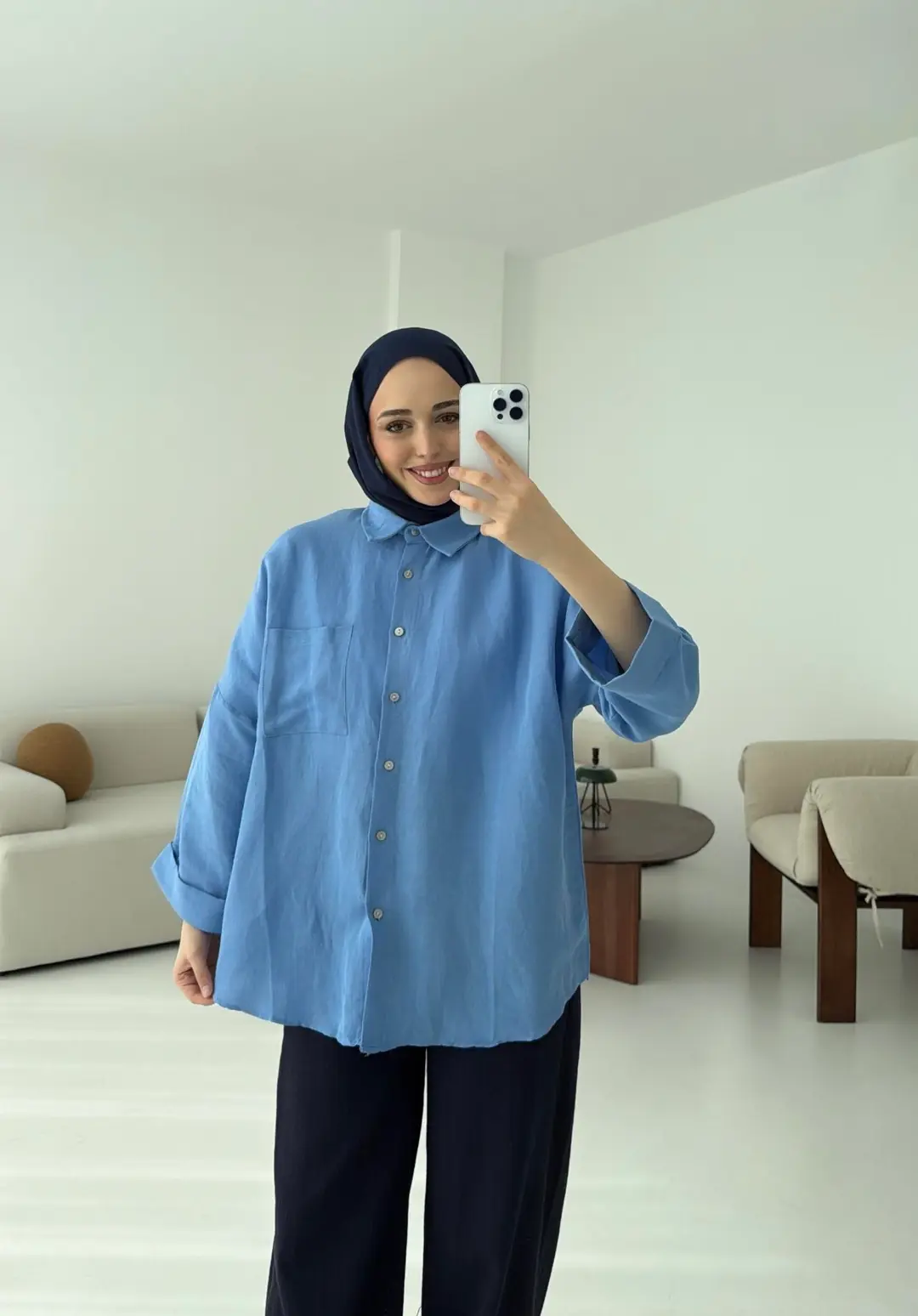 Linen Oversize Gömlek Açık Mavi - Görsel 3