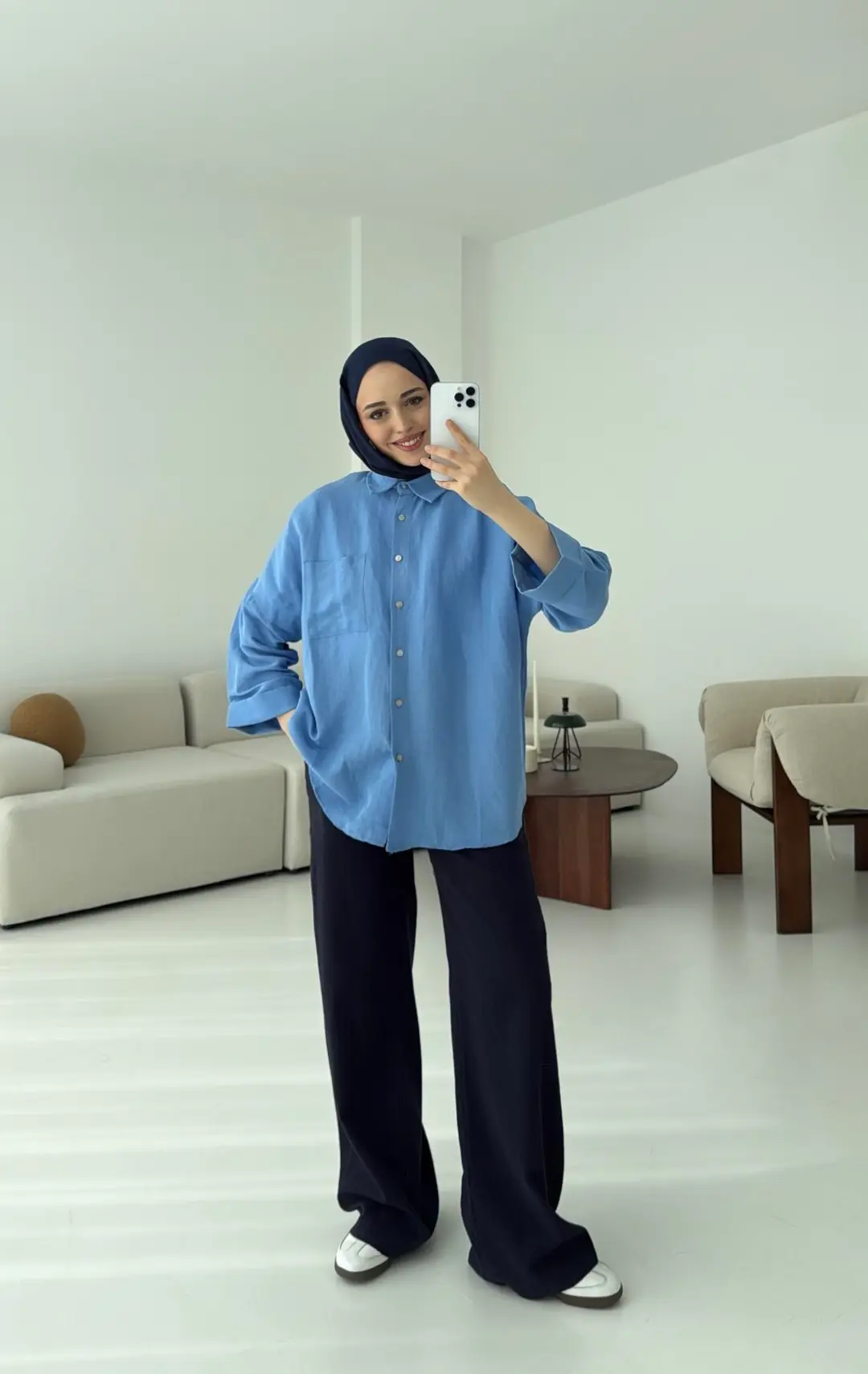 Linen Oversize Gömlek Açık Mavi - Görsel 4