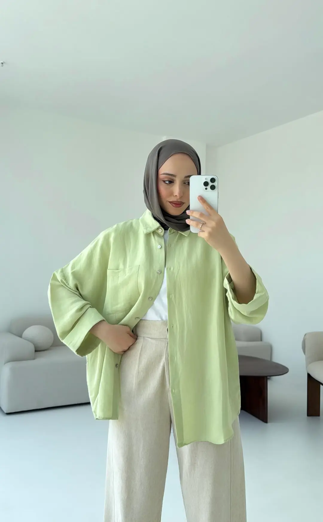 Linen Oversize Gömlek Lime - Görsel 3