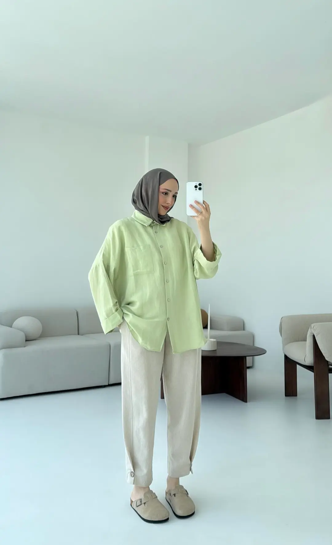 Linen Oversize Gömlek Lime - Görsel 6