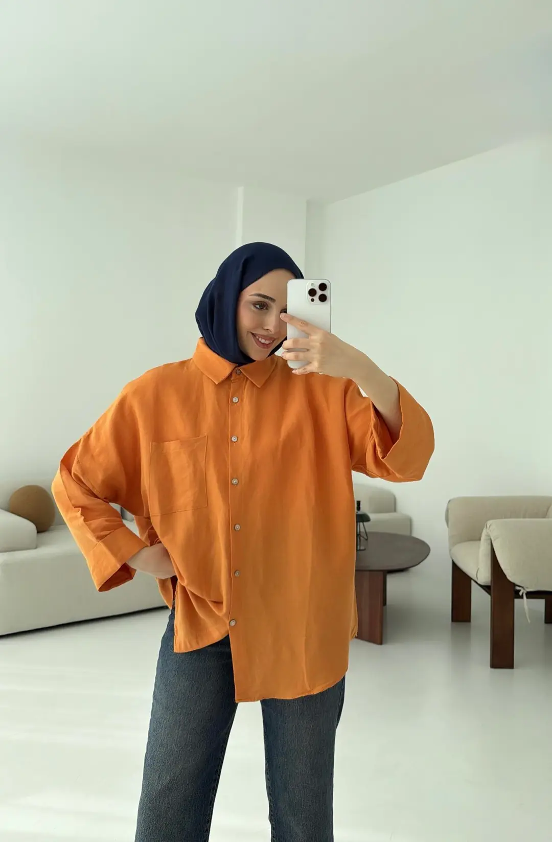 Linen Oversize Gömlek Orange - Görsel 4