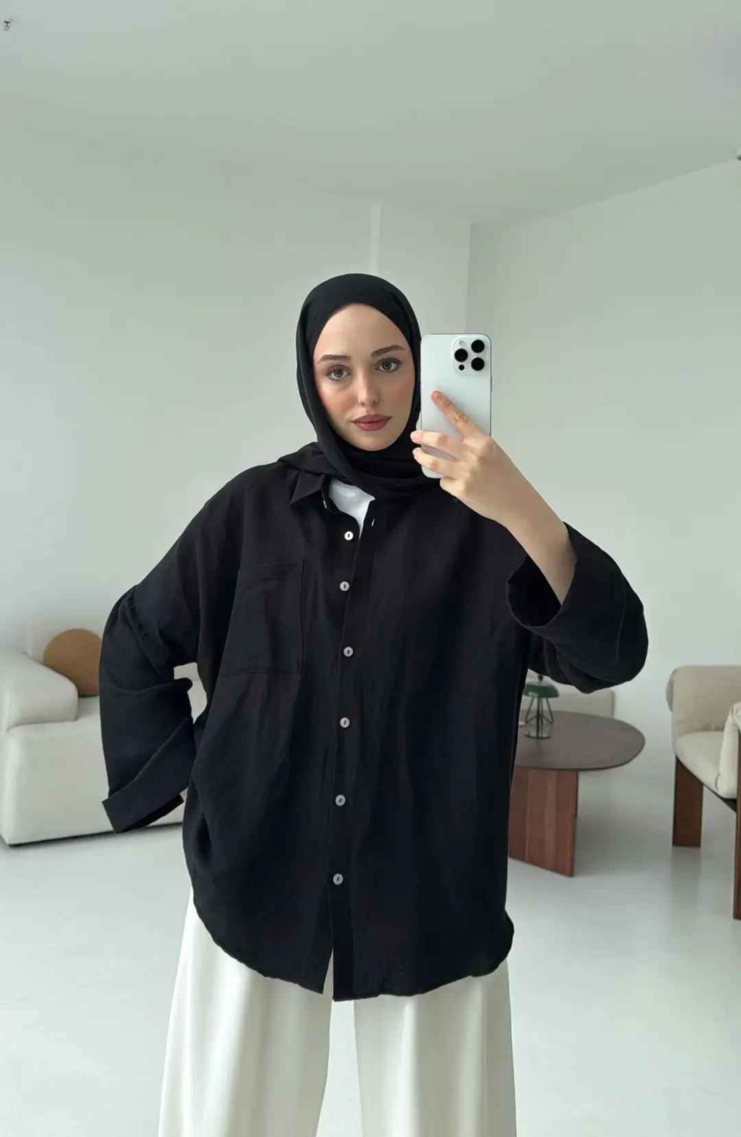 Linen Oversize Gömlek Siyah - Görsel 2