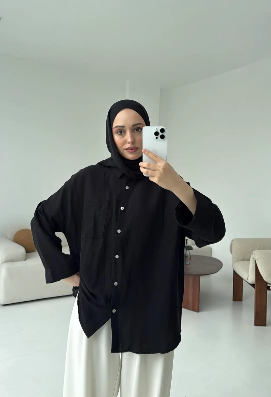 Linen Oversize Gömlek Siyah - Görsel 4