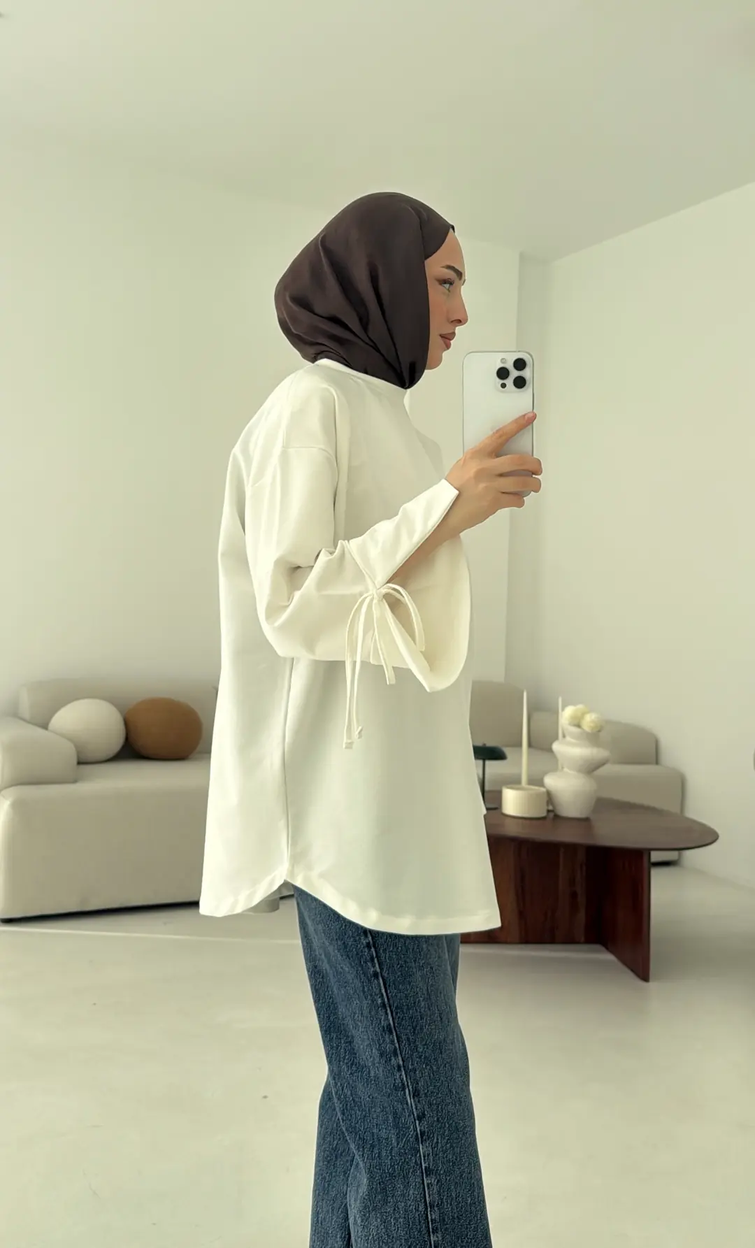 Manşeti Yırtmaçlı Sweat Ekru - Görsel 5