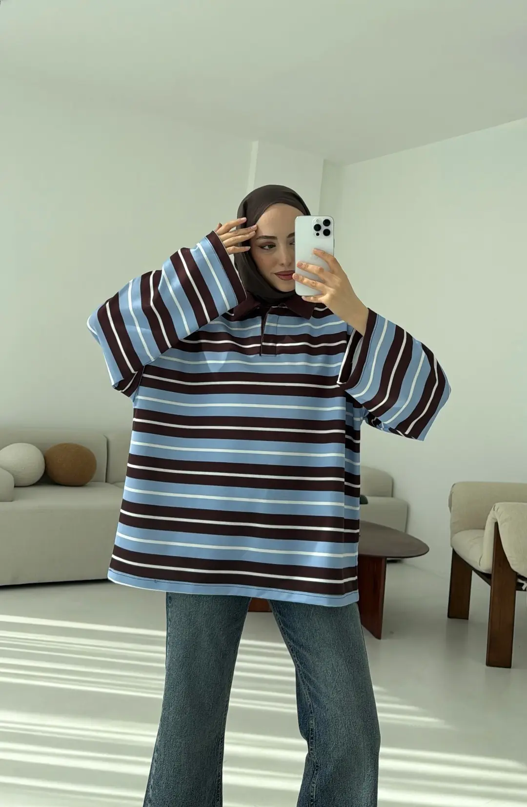 Mavi Çizgili Polo Yaka Sweatshrt - Görsel 2