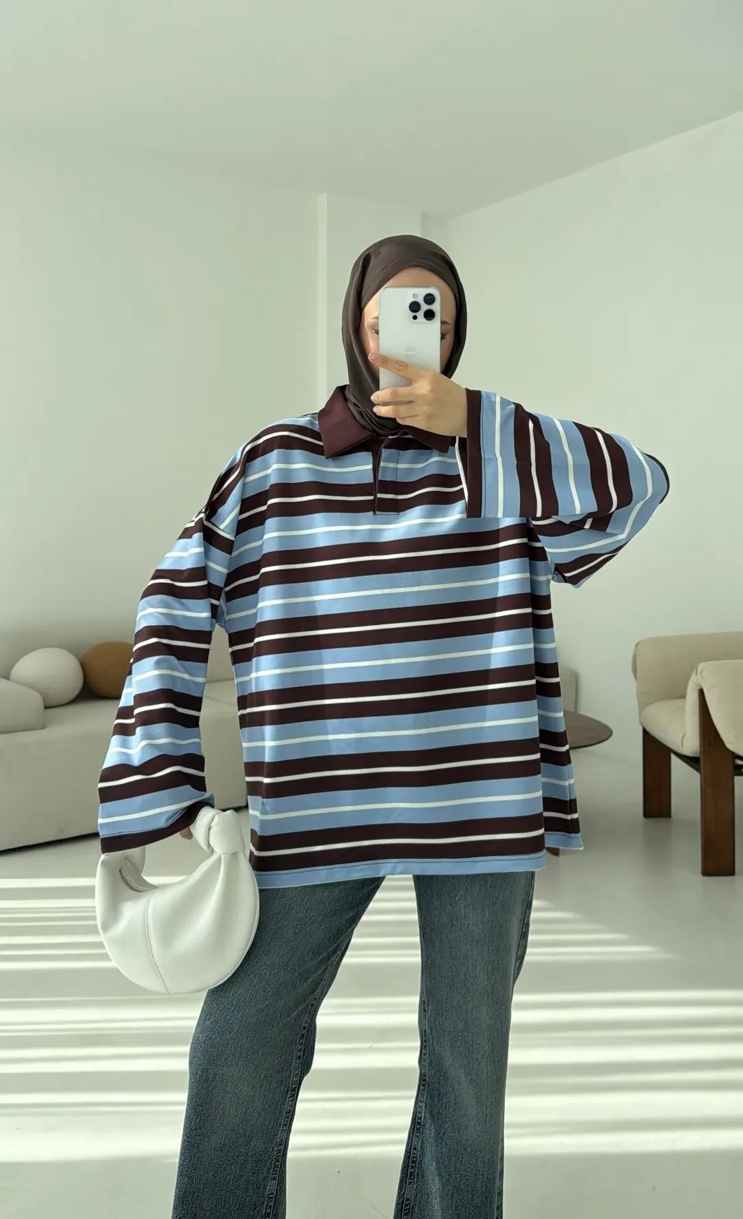 Mavi Çizgili Polo Yaka Sweatshrt - Görsel 6