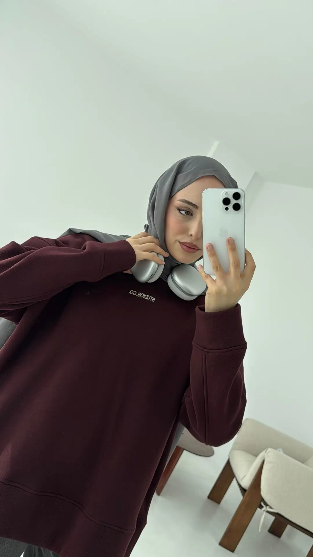 Minimal Baskılı Oversize Sweat Bordo - Görsel 4