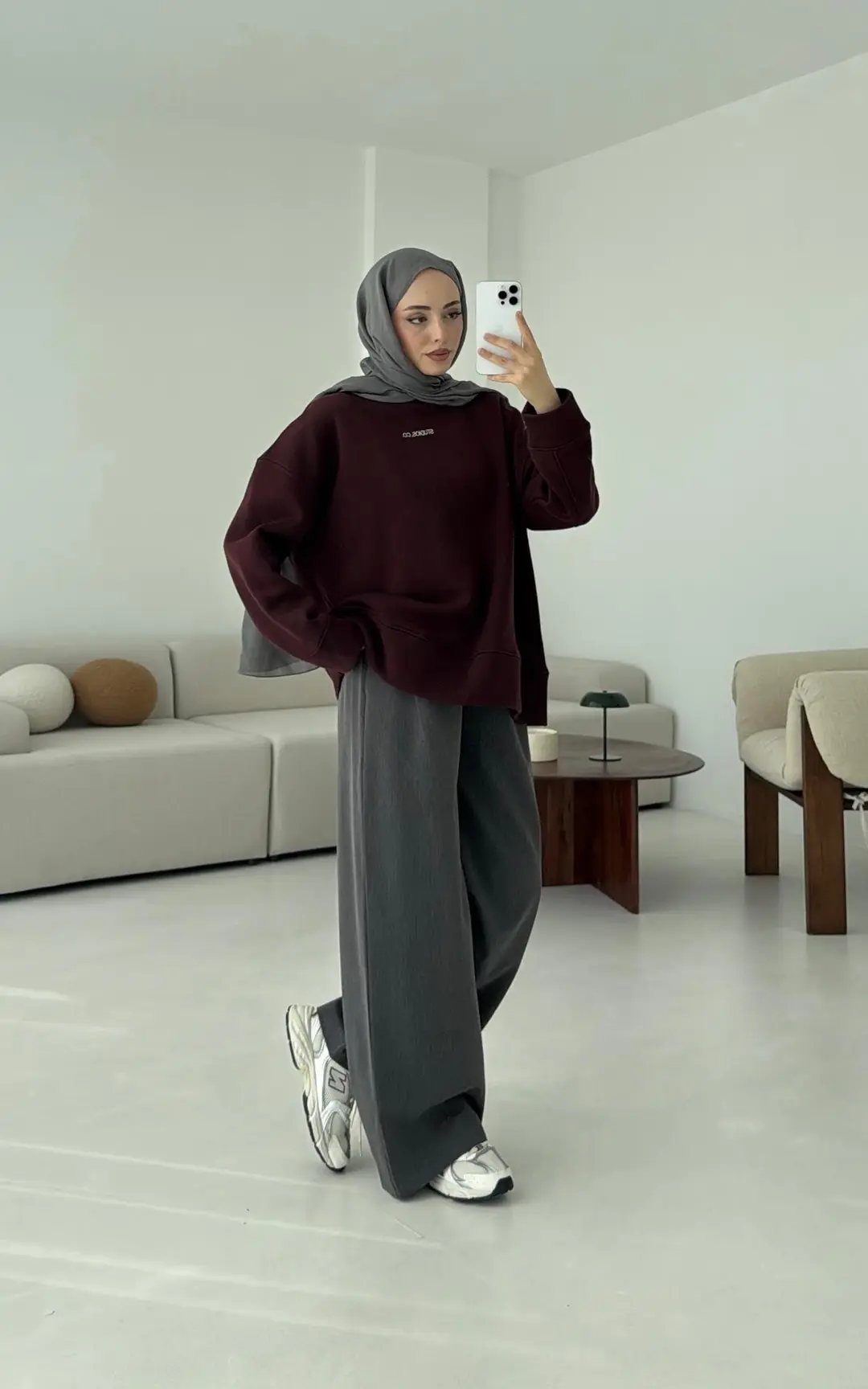 Minimal Baskılı Oversize Sweat Bordo - Görsel 5