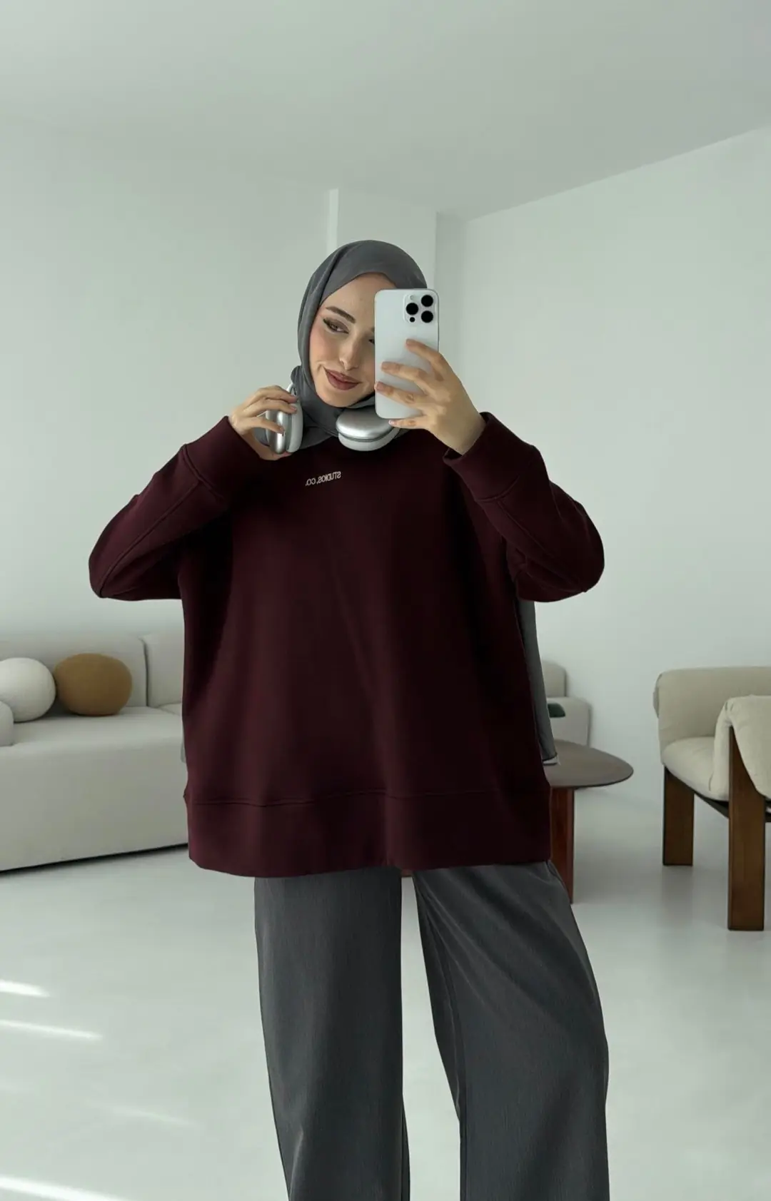 Minimal Baskılı Oversize Sweat Bordo - Görsel 6