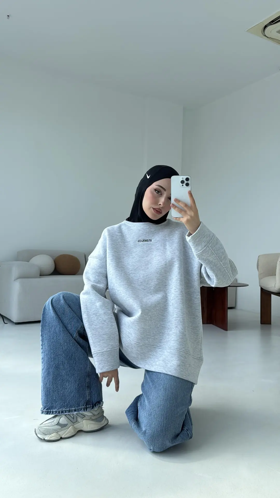 Minimal Baskılı Oversize Sweat Gri - Görsel 8