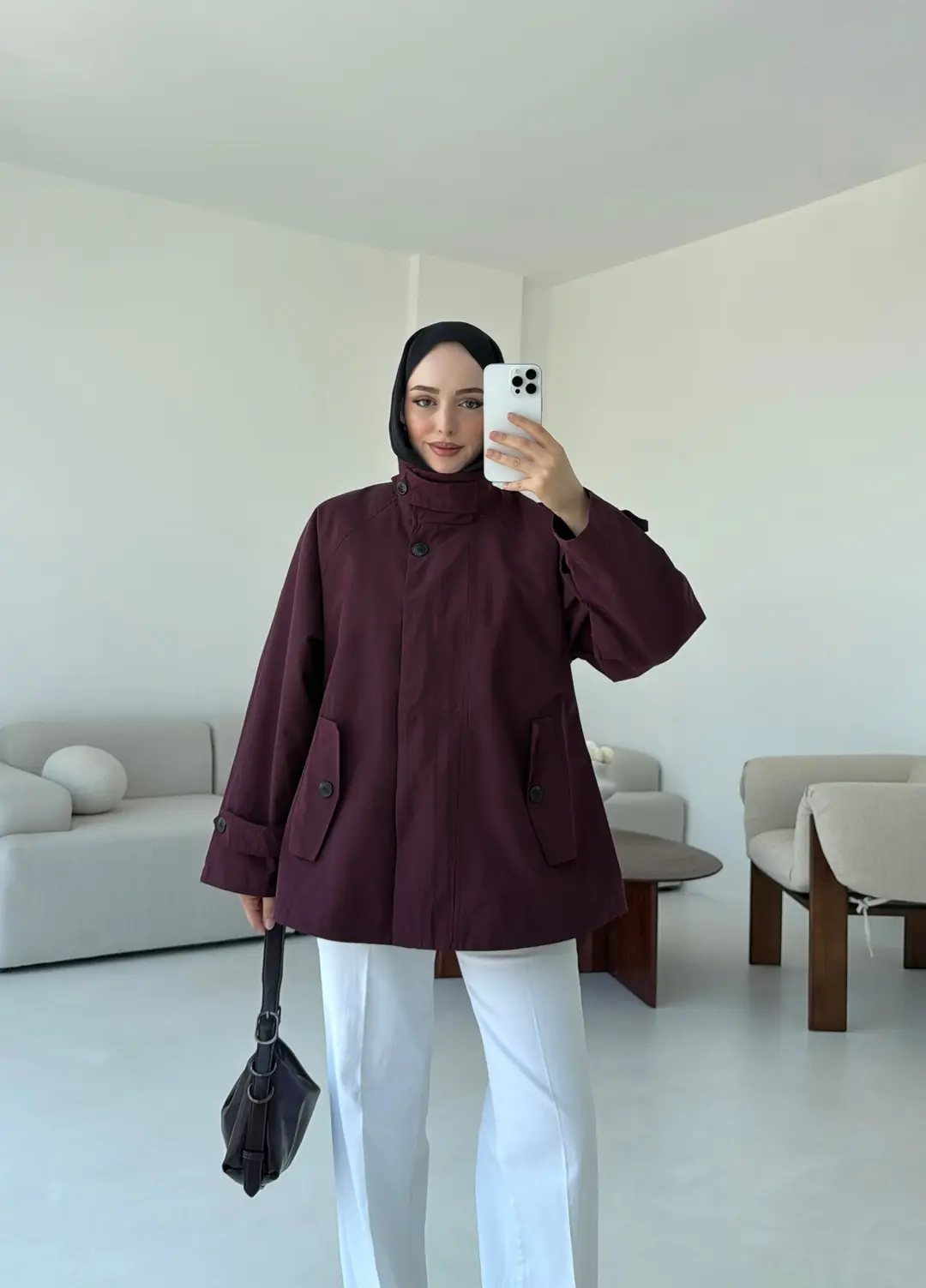 Minimal Yakalı Trençkot Bordo - Görsel 10