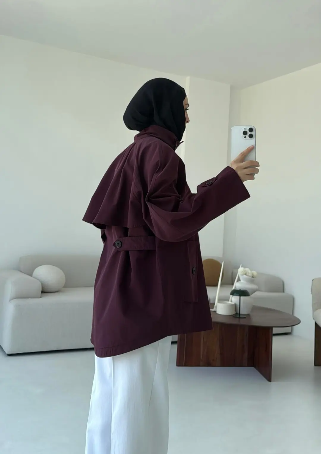 Minimal Yakalı Trençkot Bordo - Görsel 4