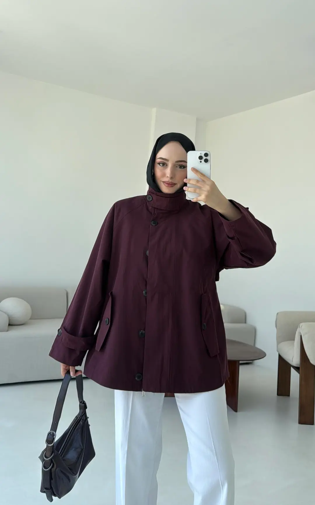 Minimal Yakalı Trençkot Bordo - Görsel 5