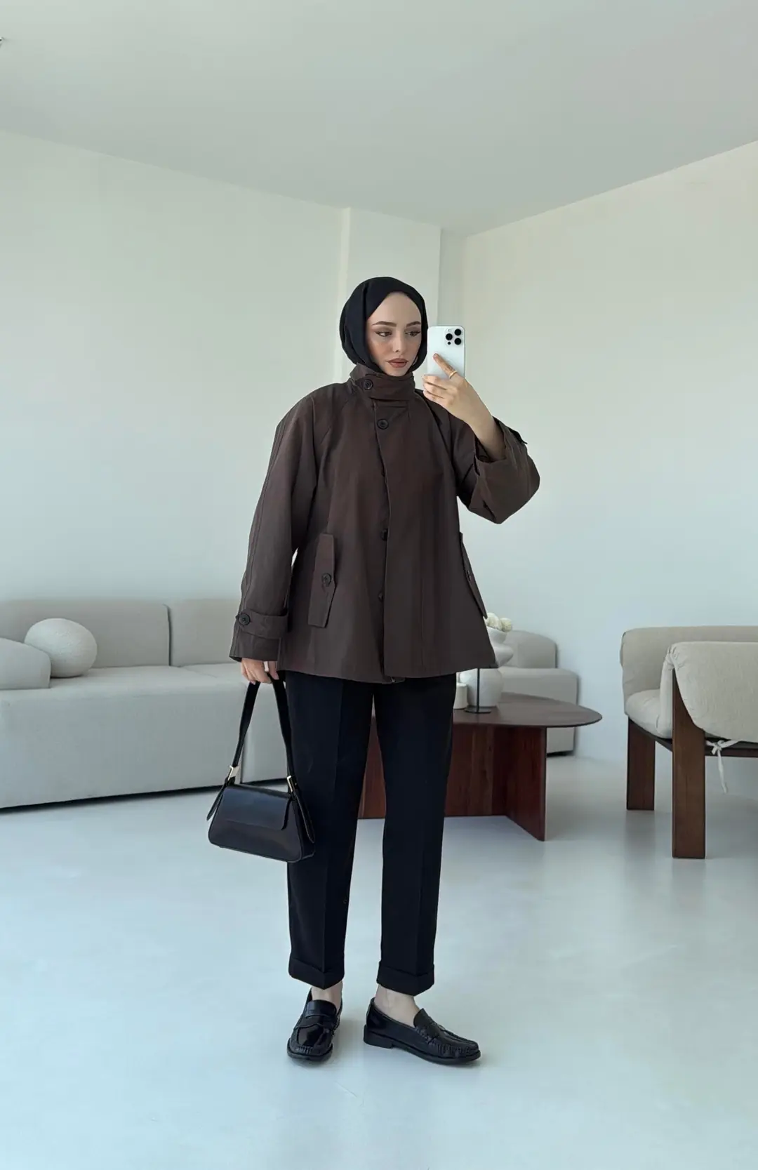 Minimal Yakalı Trençkot Kahve - Görsel 8