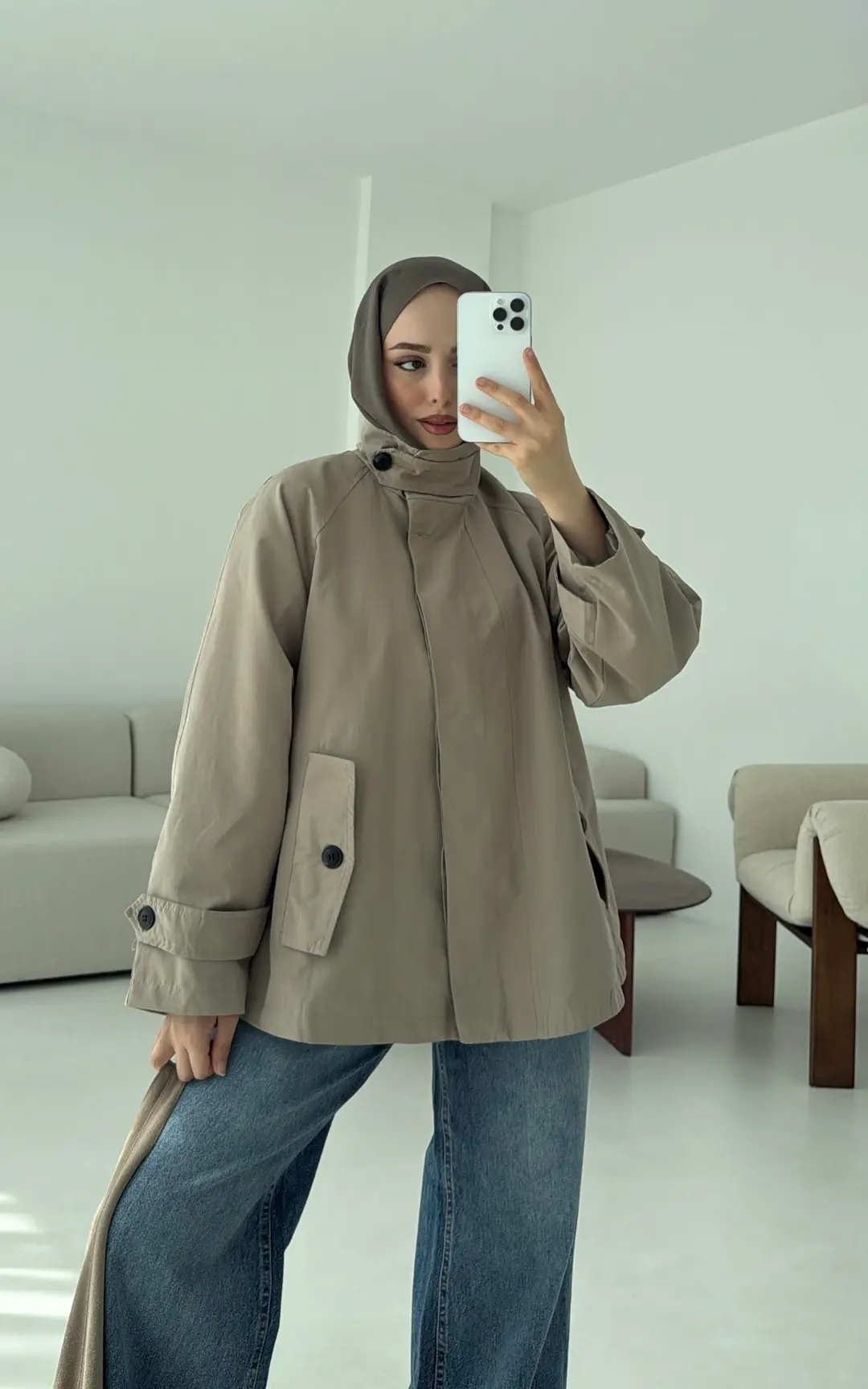 Minimal Yakalı Trençkot Vizon - Görsel 3