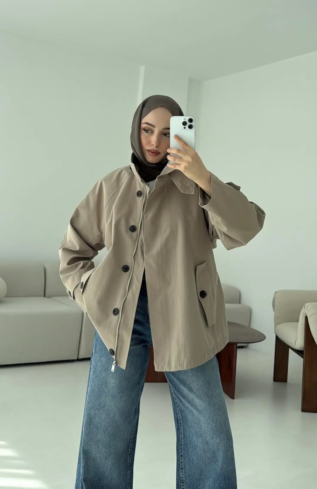 Minimal Yakalı Trençkot Vizon - Görsel 4