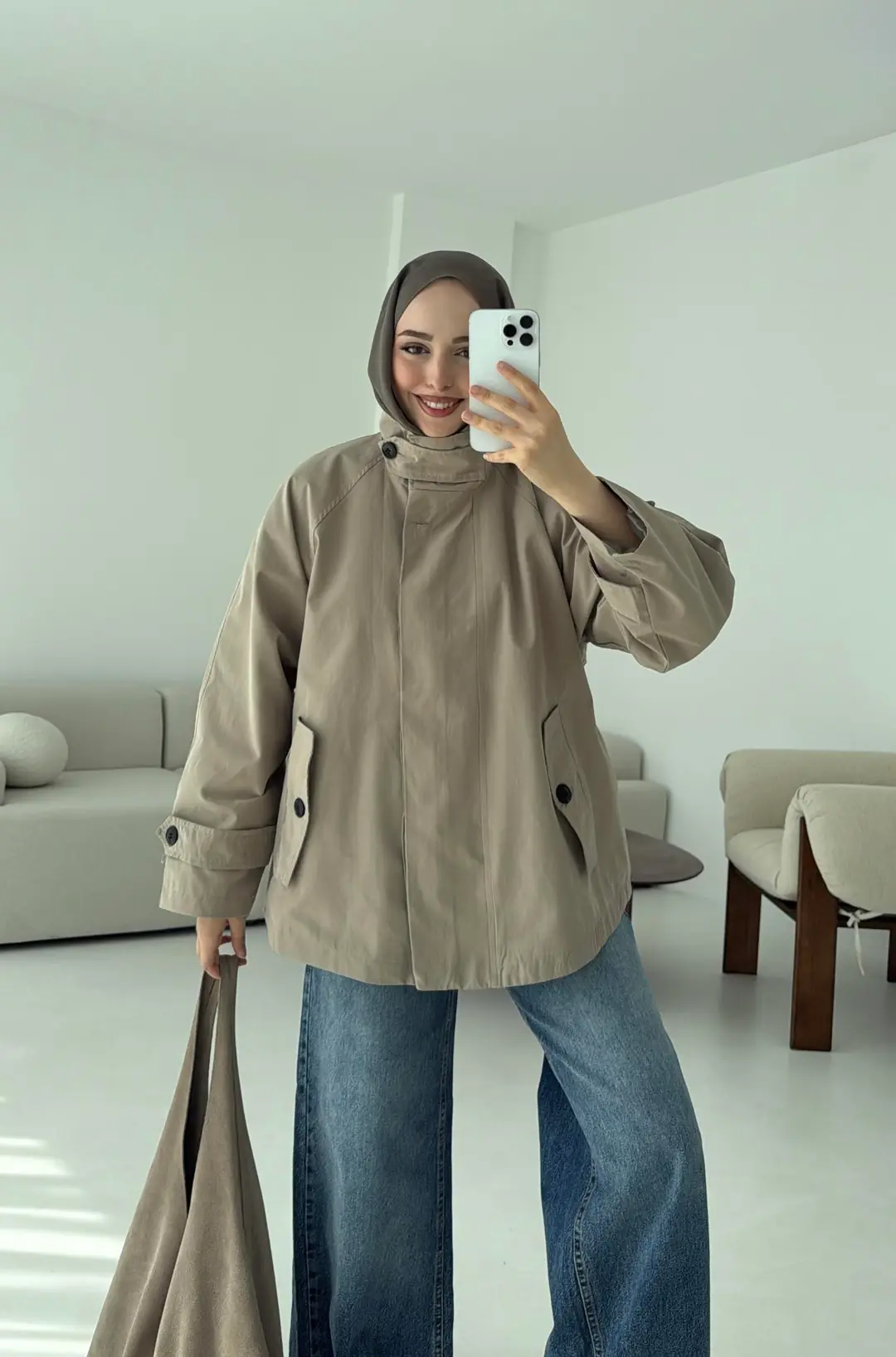 Minimal Yakalı Trençkot Vizon - Görsel 6