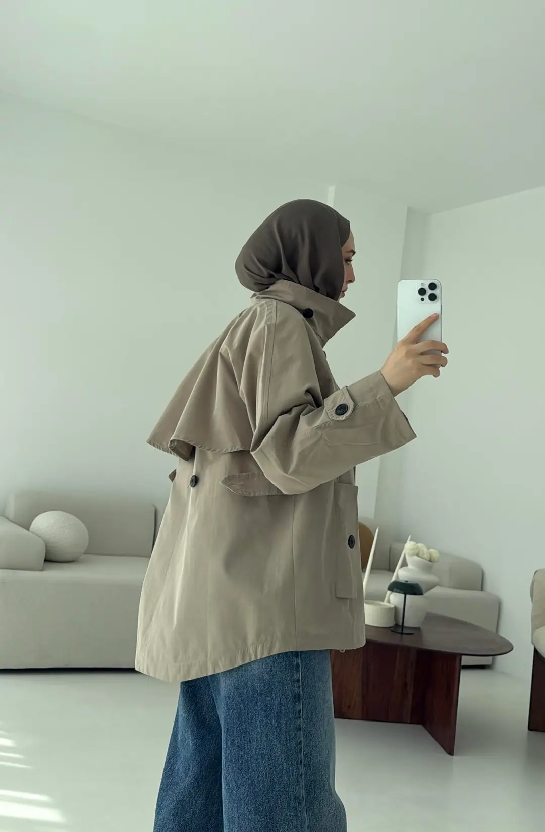 Minimal Yakalı Trençkot Vizon - Görsel 6