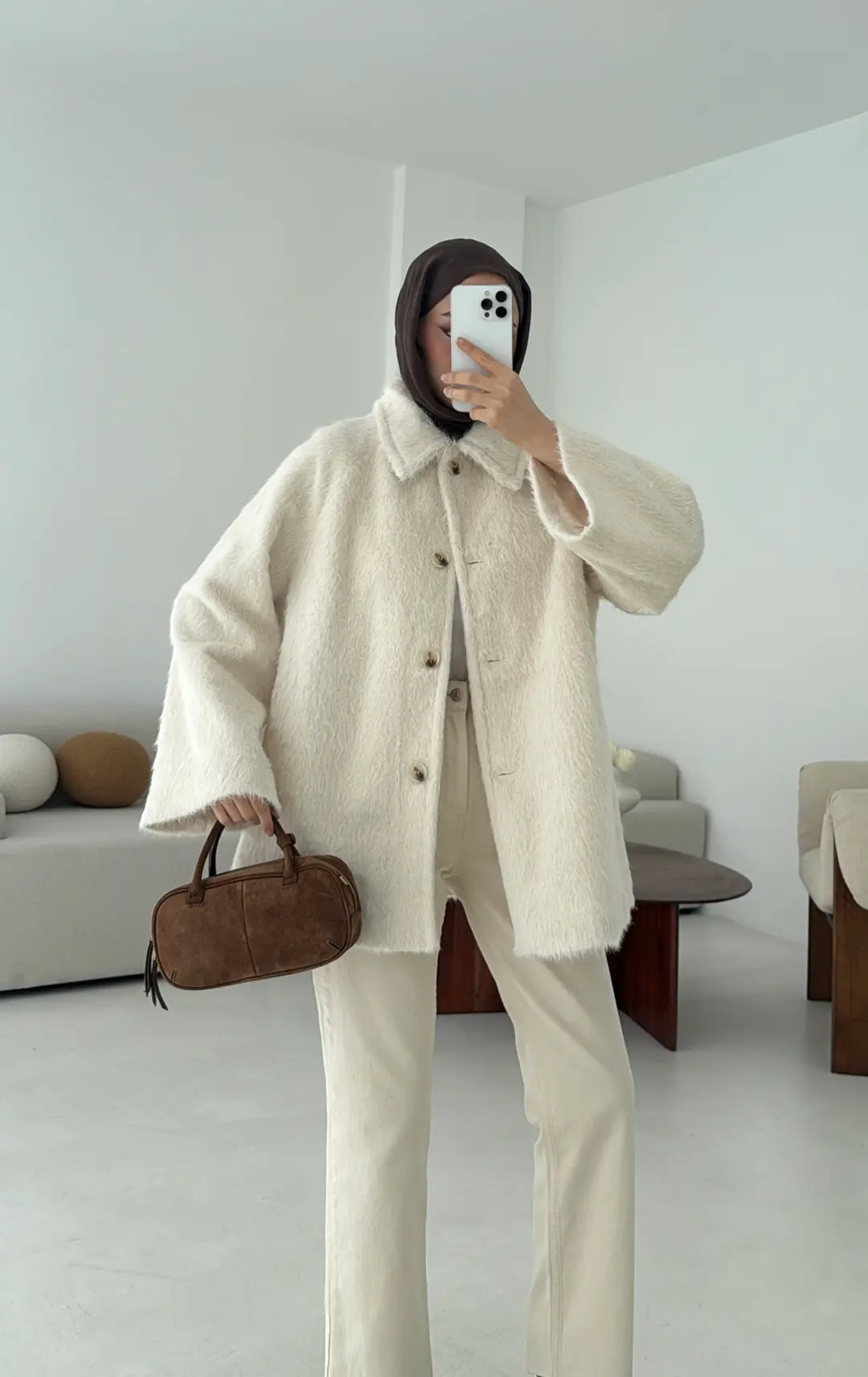 Mohair Reglan Kol Kaban Krem - Görsel 10