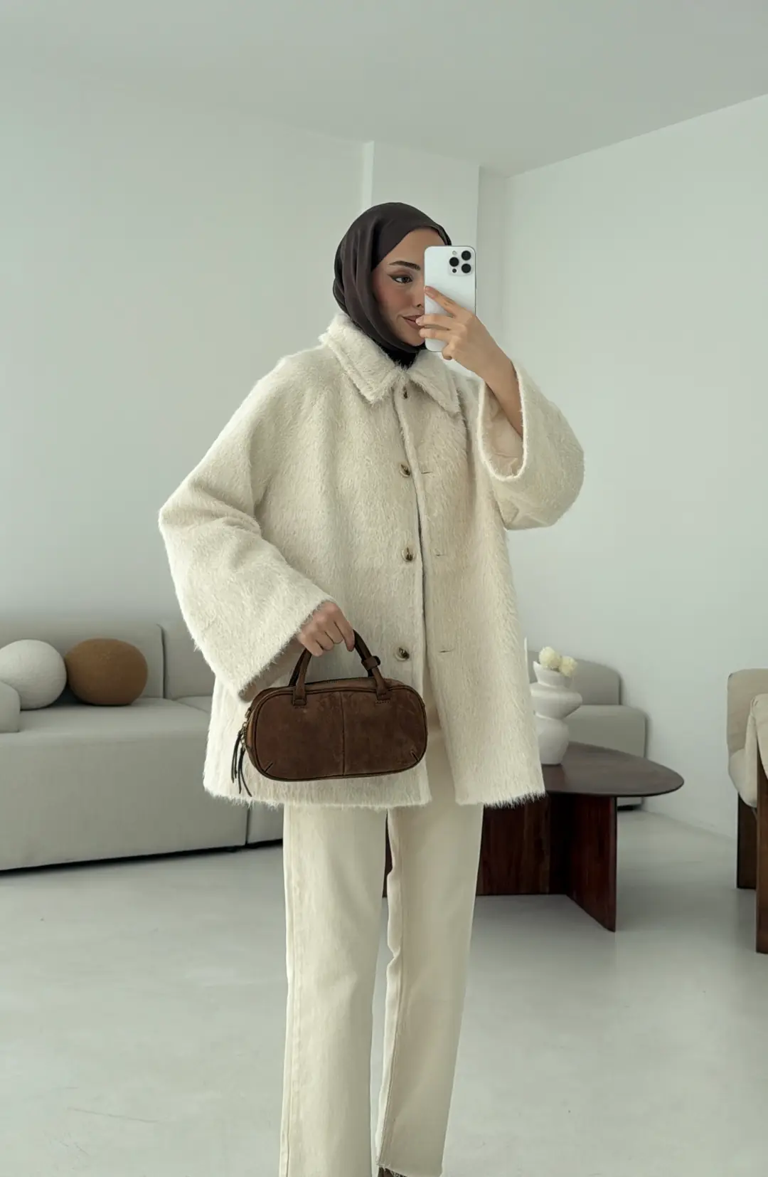 Mohair Reglan Kol Kaban Krem - Görsel 2