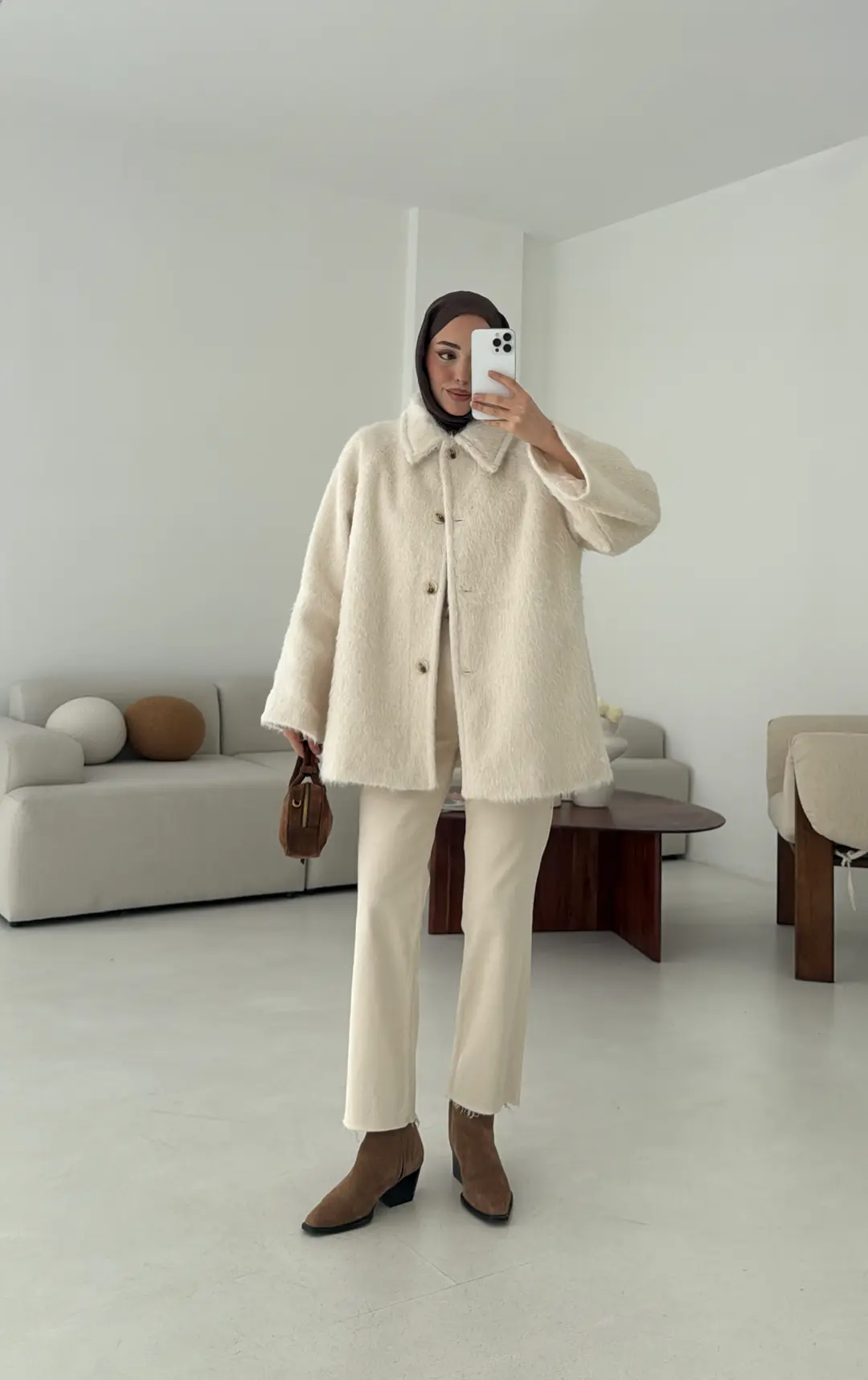 Mohair Reglan Kol Kaban Krem - Görsel 8