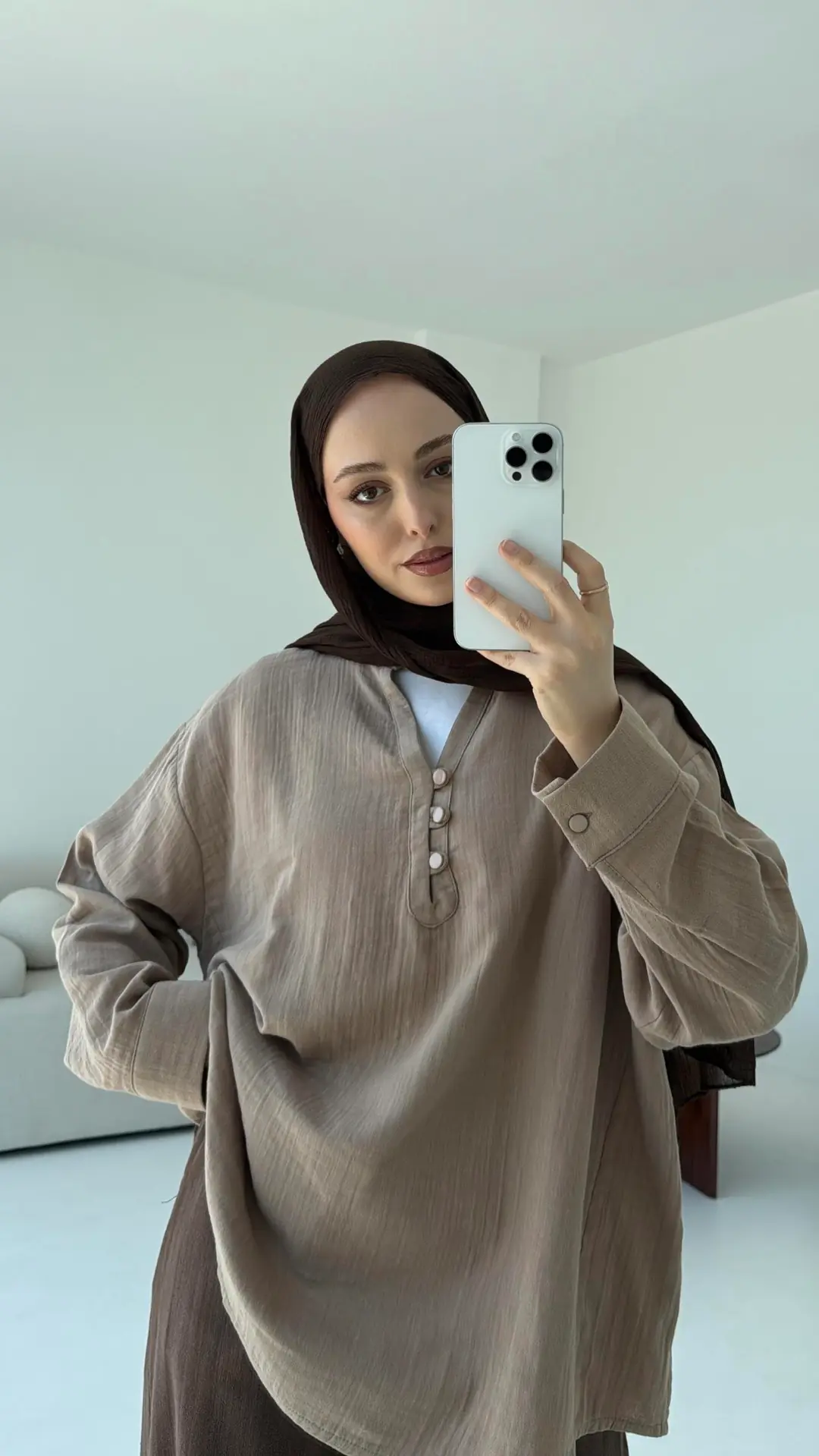 Müslin Düğmeli Gömlek Bej - Görsel 2