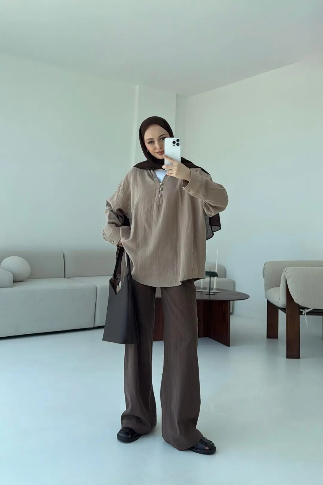 Müslin Düğmeli Gömlek Bej - Görsel 6