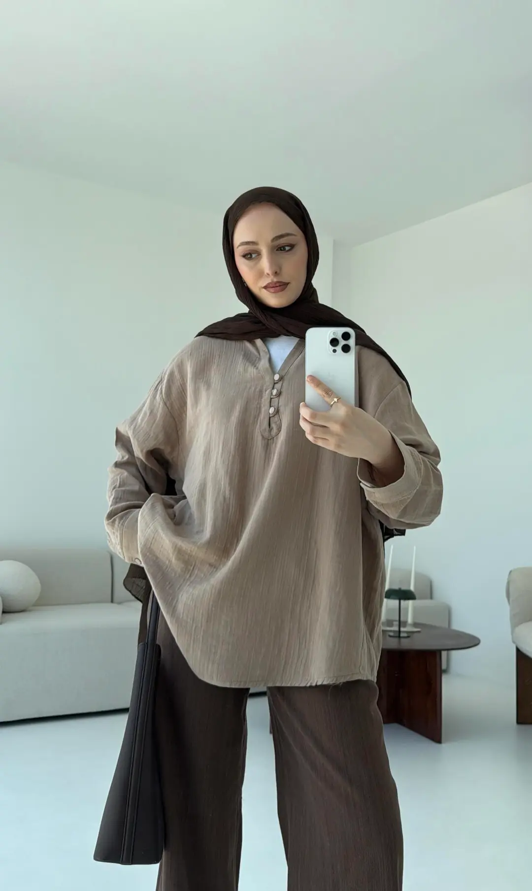 Müslin Düğmeli Gömlek Bej - Görsel 7