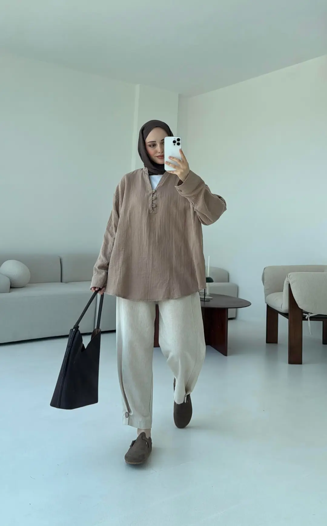 Müslin Düğmeli Gömlek Bej - Görsel 4