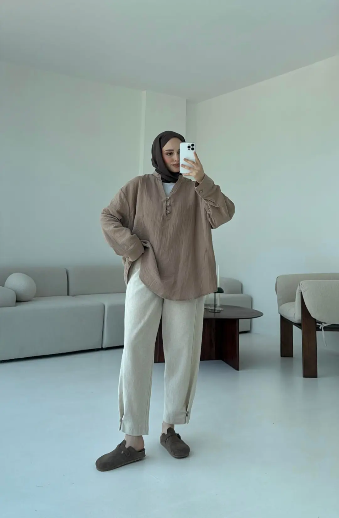 Müslin Düğmeli Gömlek Bej - Görsel 5