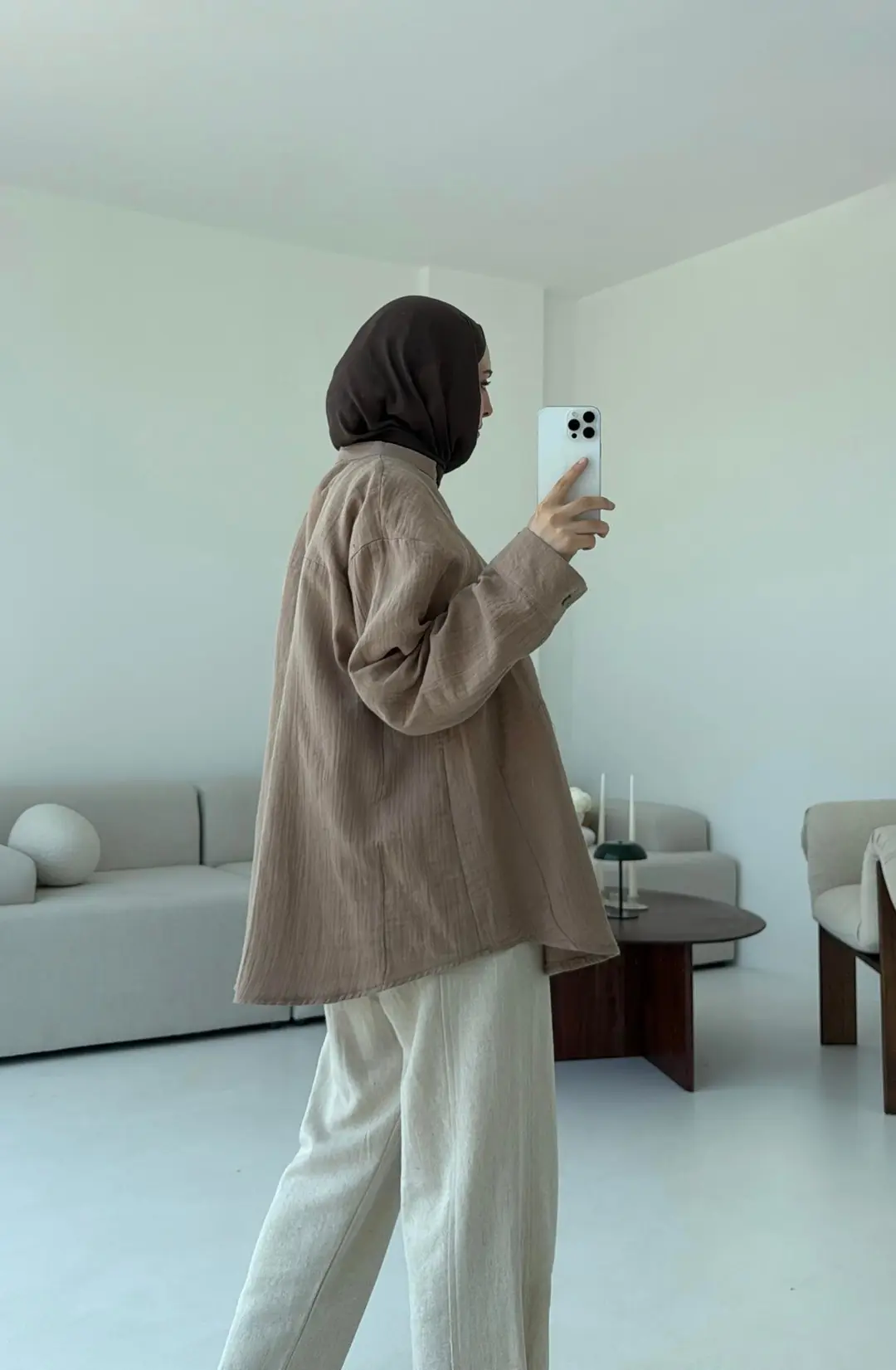 Müslin Düğmeli Gömlek Bej - Görsel 7