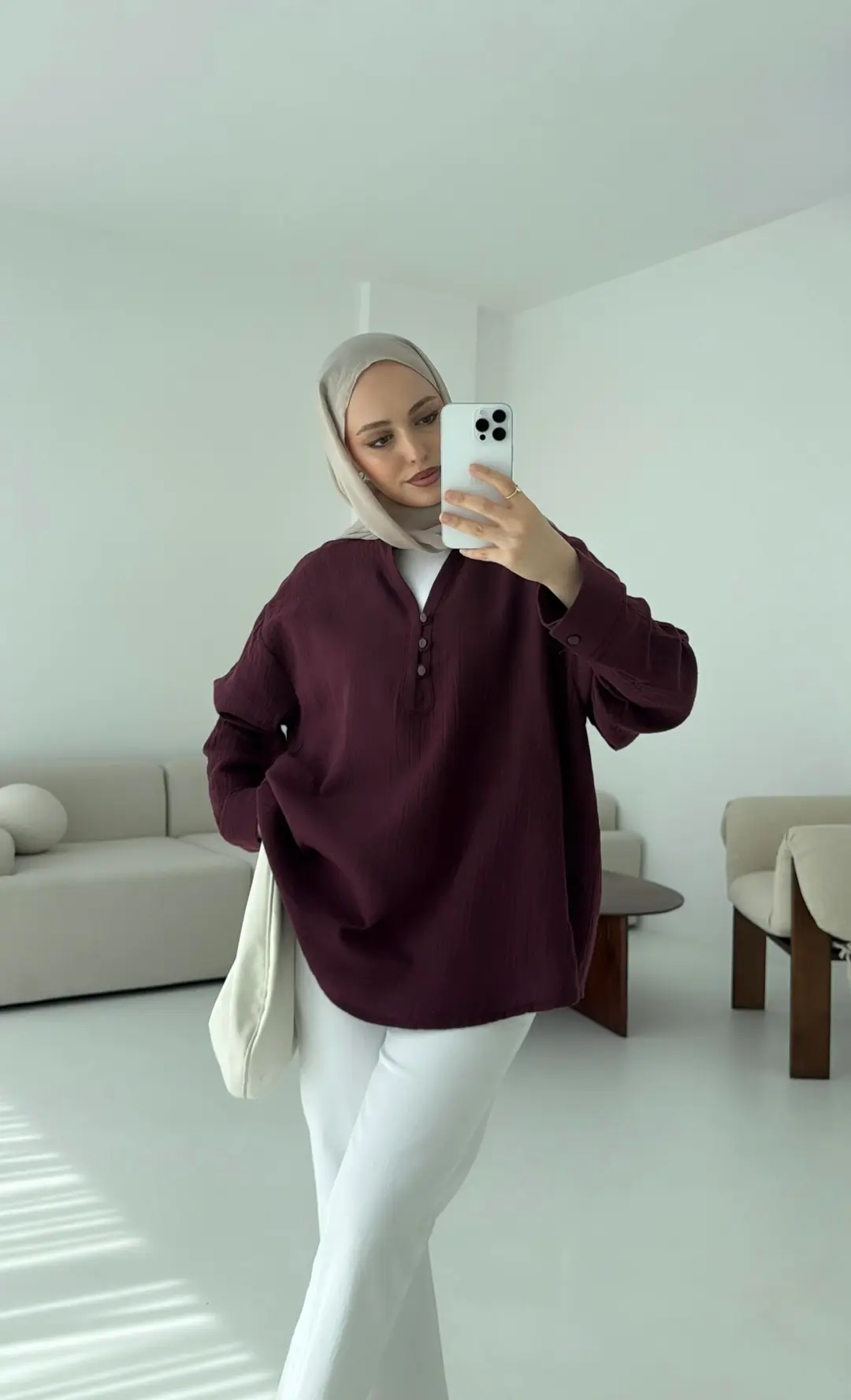 Müslin Düğmeli Gömlek Bordo - Görsel 3