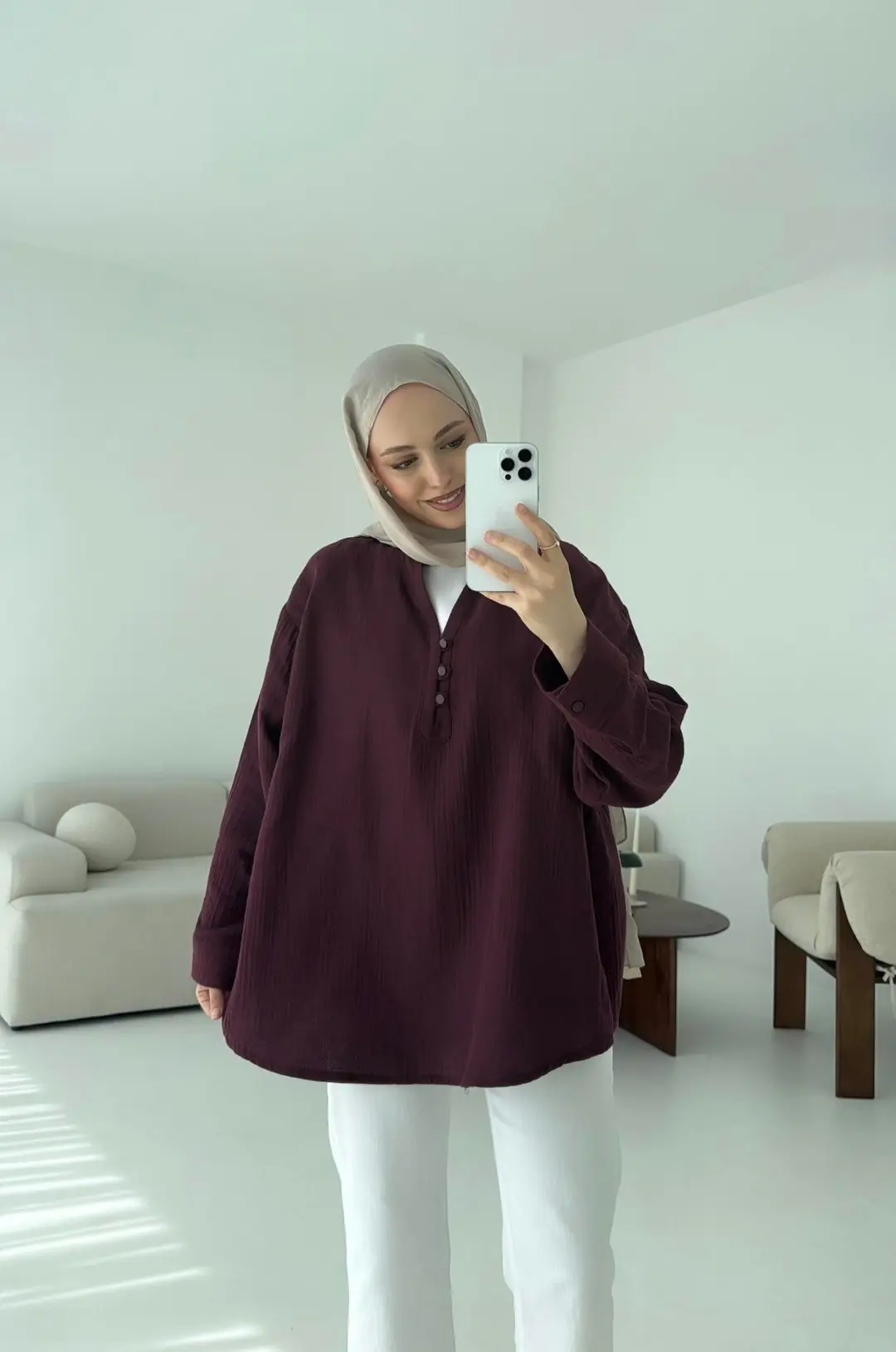 Müslin Düğmeli Gömlek Bordo - Görsel 5