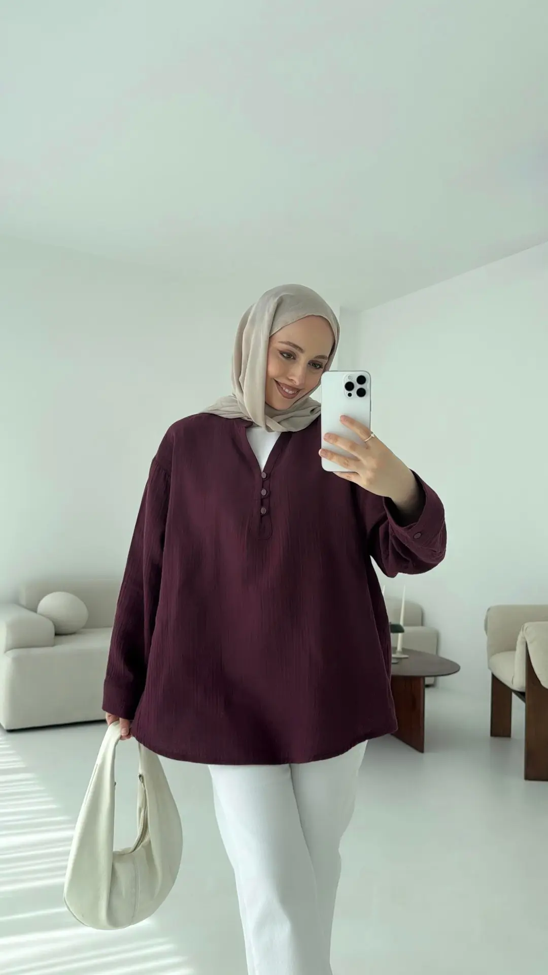 Müslin Düğmeli Gömlek Bordo - Görsel 2