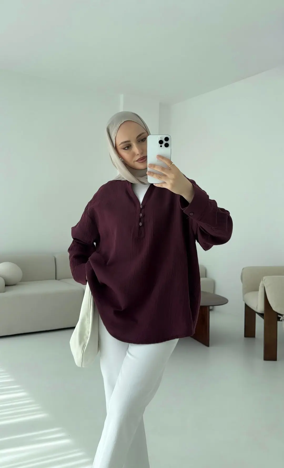 Müslin Düğmeli Gömlek Bordo - Görsel 3