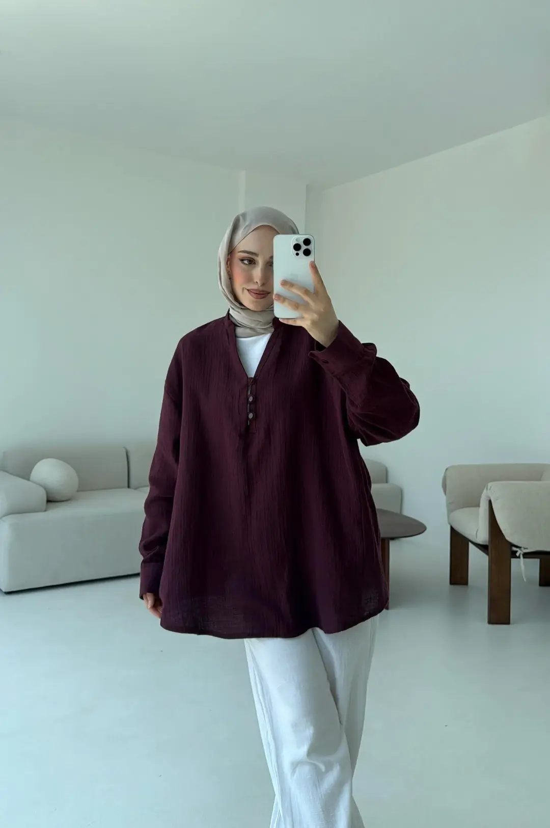 Müslin Düğmeli Gömlek Bordo - Görsel 8